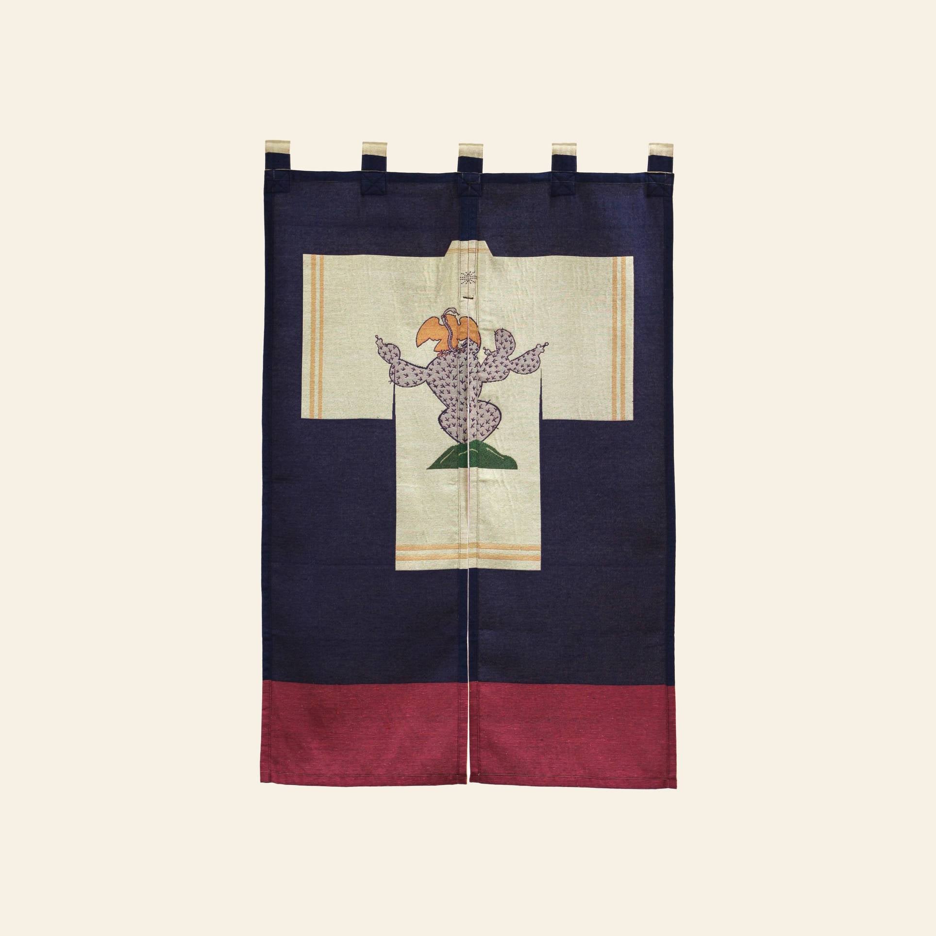 The DETAIL Noren Curtain by DETAIL features kimono patterns with a bird-like figure—orange wings, polka-dotted body—on navy and burgundy, plus a beige top with hanging loops and subtle plant-inspired details.