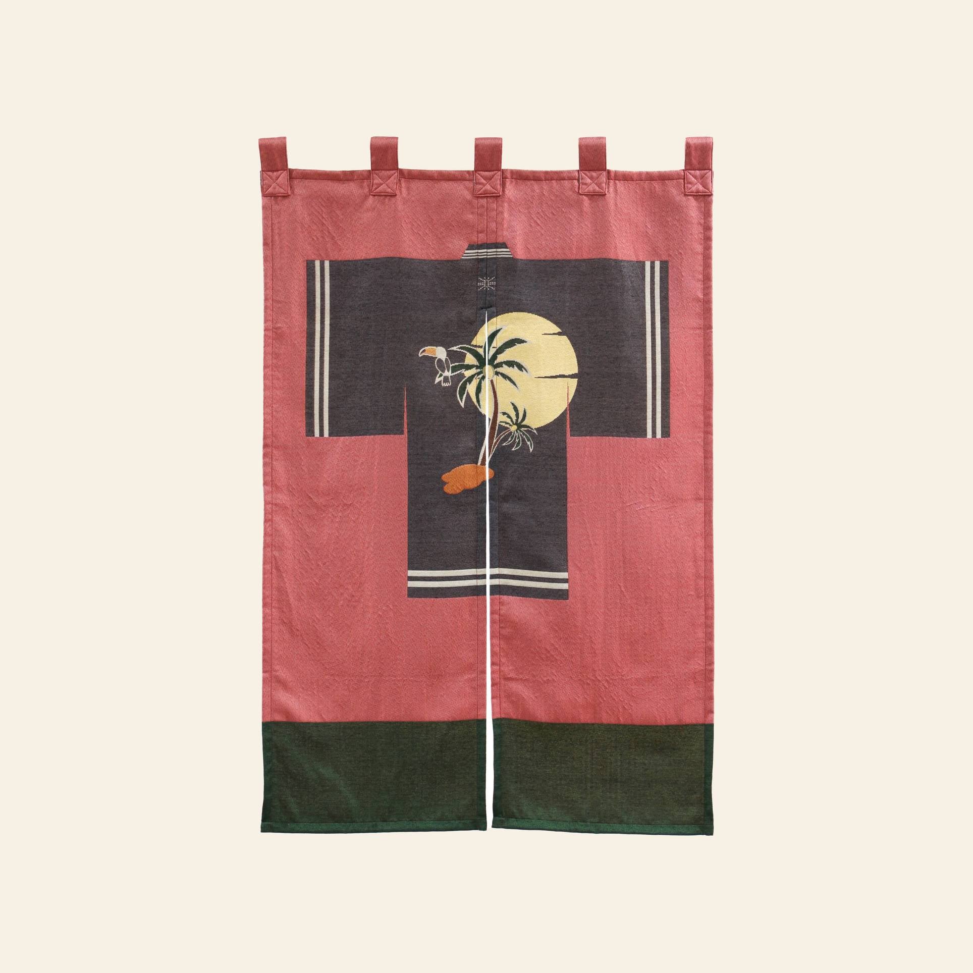 The DETAIL Noren Curtain by DETAIL features kimono-inspired patterns with a pink and dark green backdrop, showcasing a plant design, yellow moon, palm tree, and orange bird. A unique fabric wall hanging perfect as a statement noren curtain.