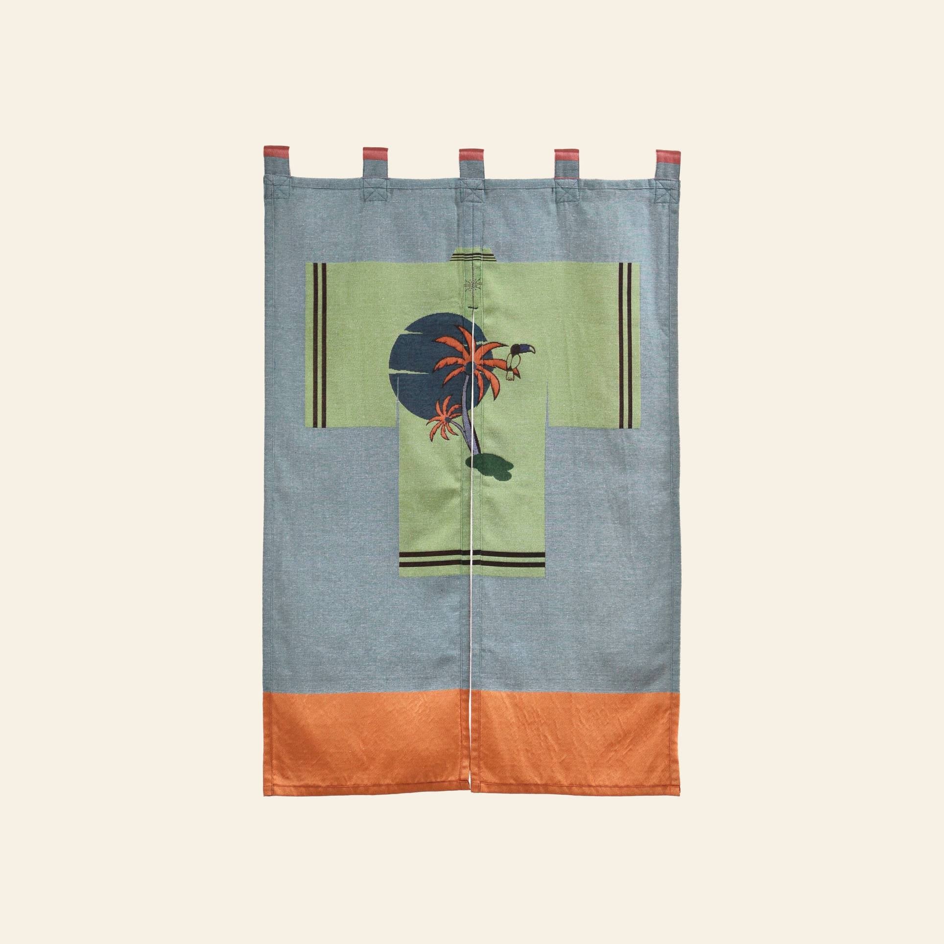 The DETAIL Noren Curtain by DETAIL has kimono patterns, a green center with a dark blue sun, orange palm trees, and orange/blue borders. It features top loops for easy hanging.