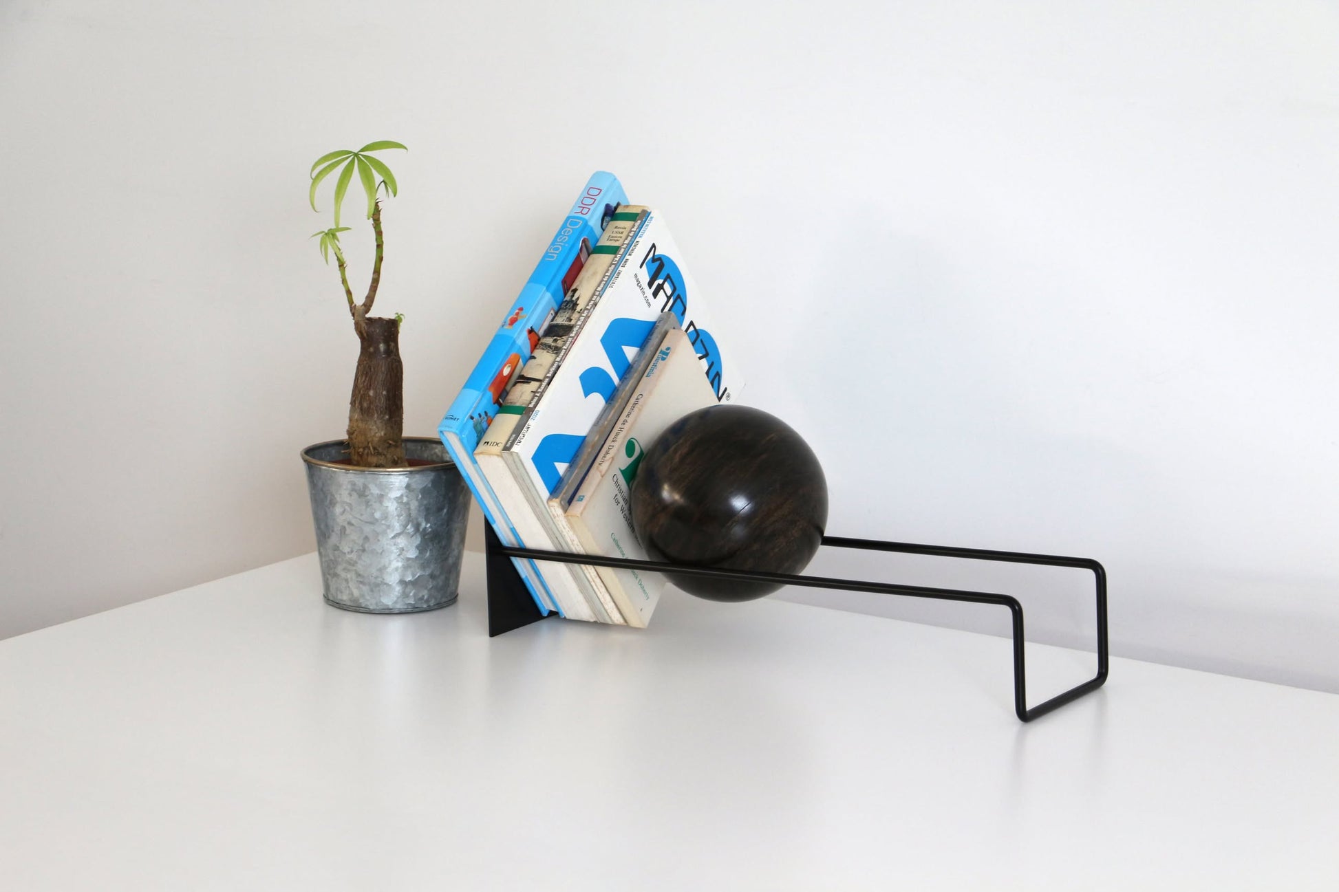 The DETAIL Slope Bookend by DETAIL holds several books alongside a small potted plant on a white surface, set against a plain white background.