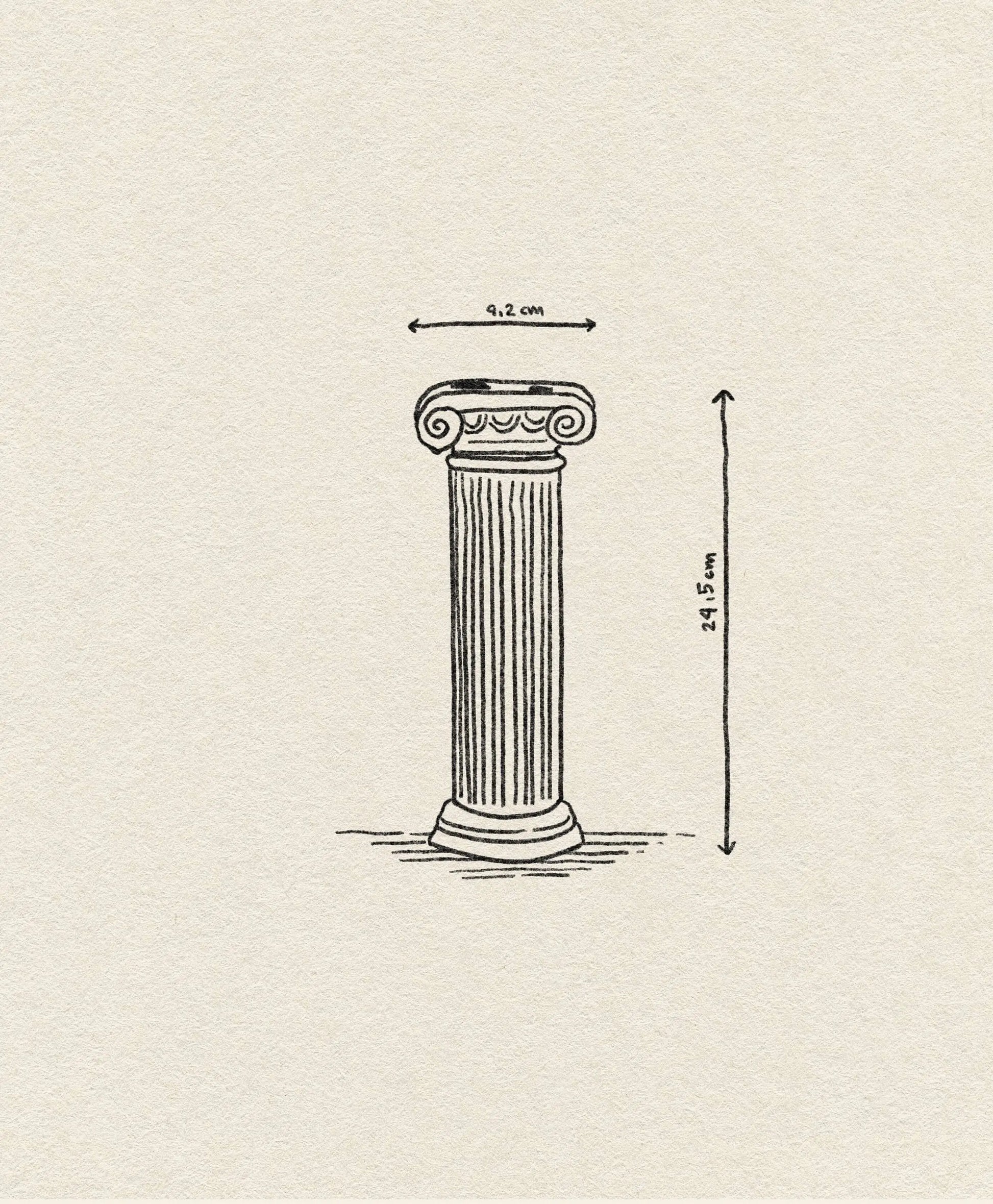 The DOIY Athena Vase by DOIY is a 9.2 cm wide, 24.5 cm tall vase inspired by a Greek Ionic column, with scroll-like top details and vertical grooves, set against a textured beige background.