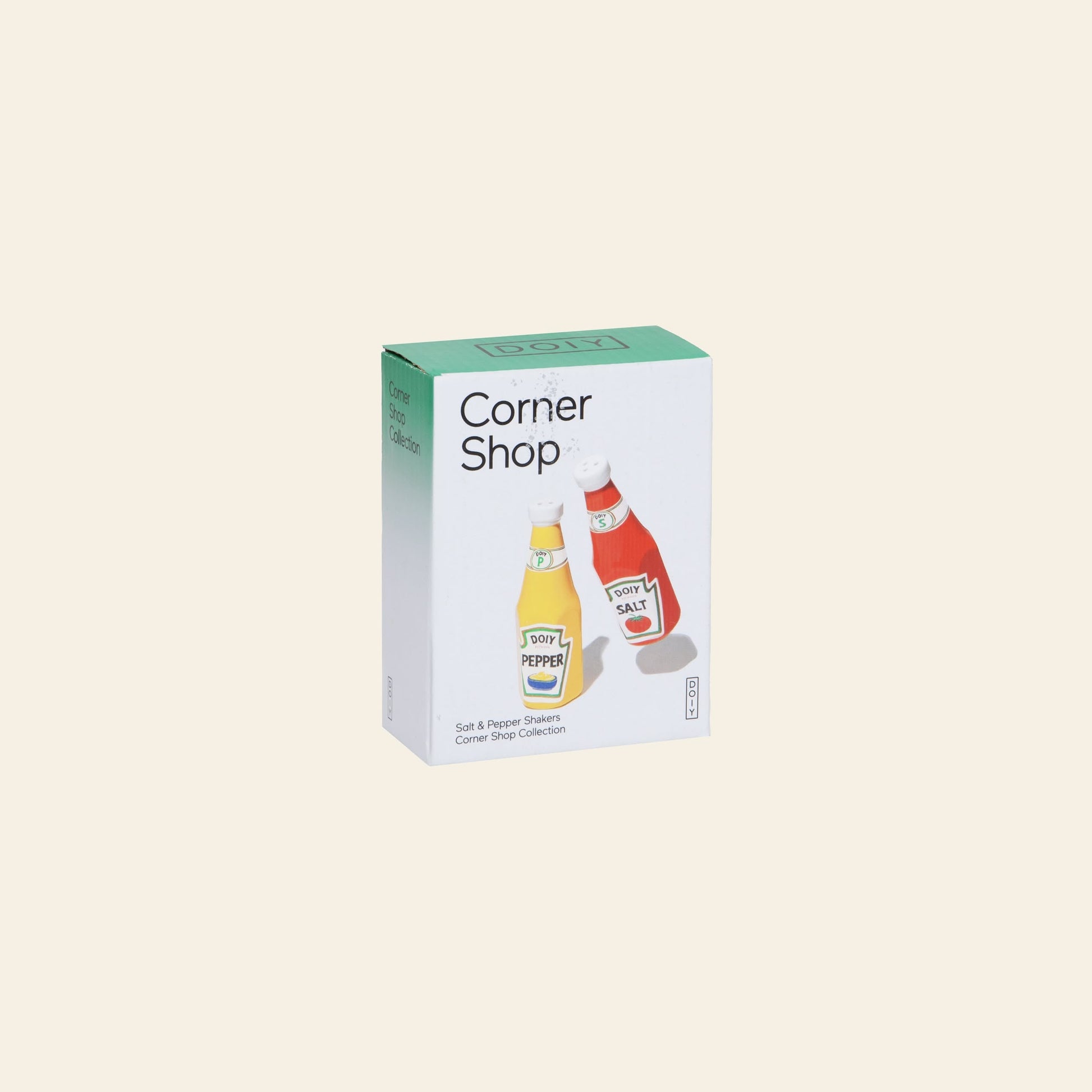 A DOIY Corner Shop box featuring illustrations of ketchup and mustard bottles styled as vintage salt and pepper shakers, set against a plain beige background.