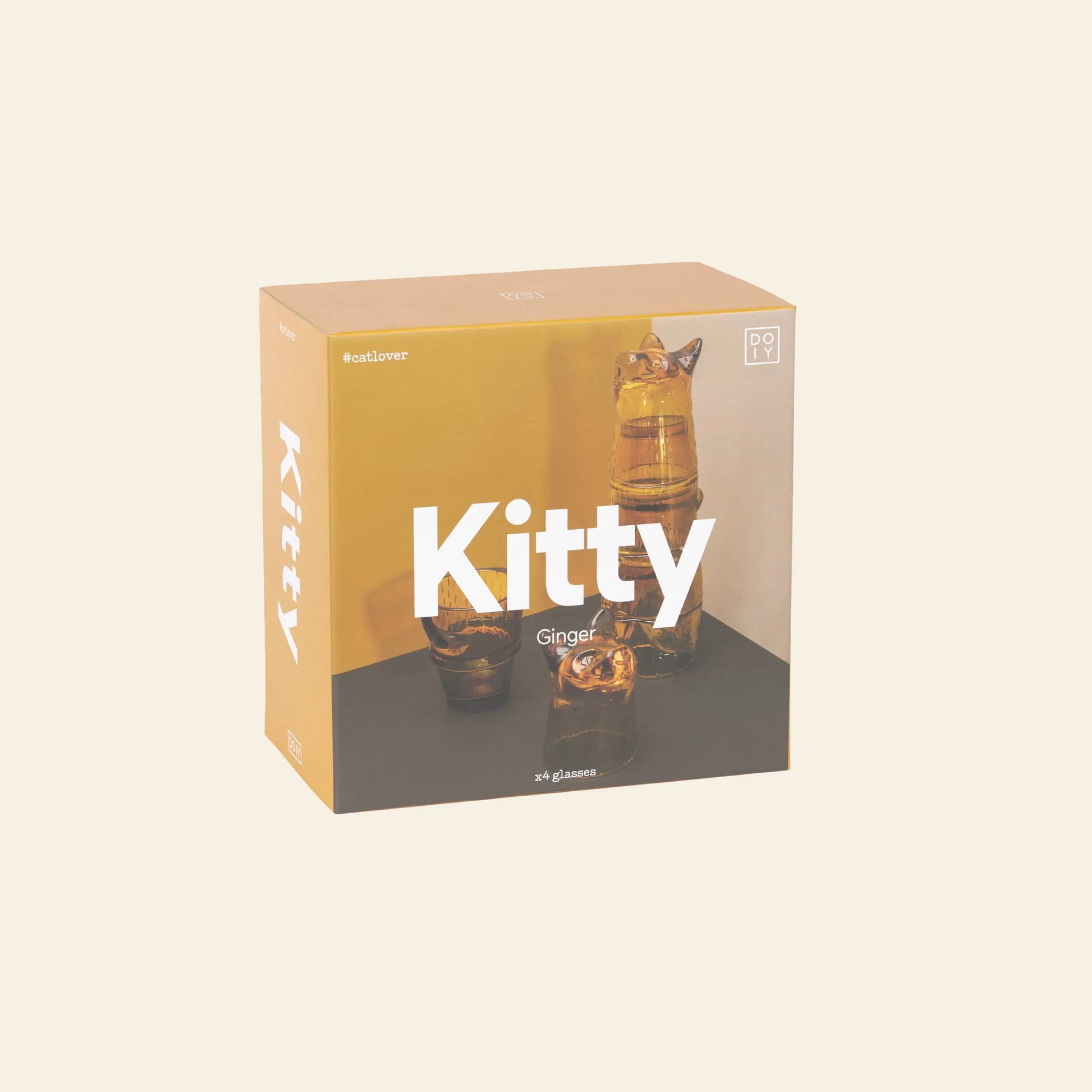The DOIY Kitty Glasses, Set of 4 by DOIY come in a yellow-toned box and feature stackable, cat-shaped glasses with minimalist design—perfect decorative pieces for cat lovers.