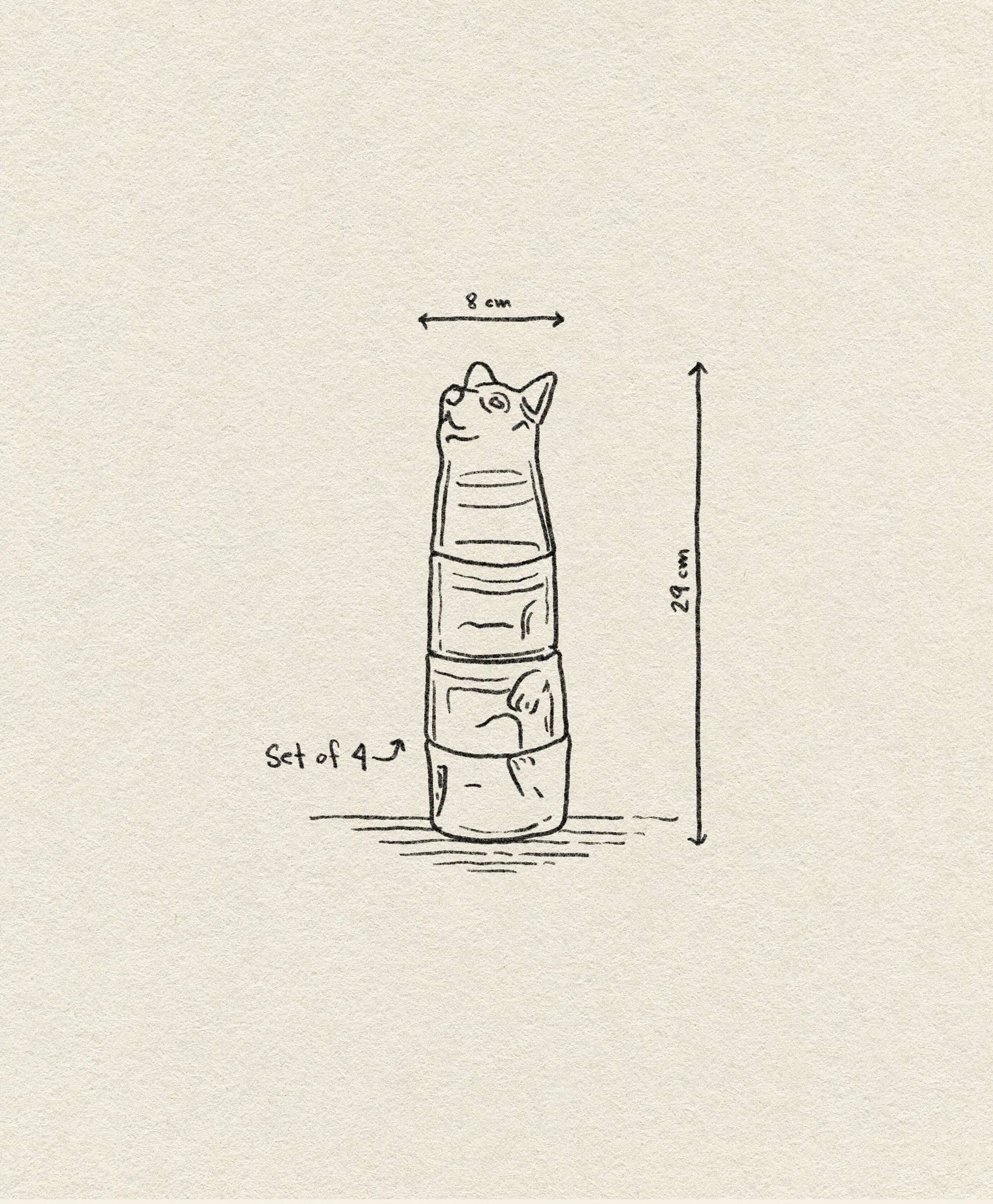 The DOIY Kitty Glasses, Set of 4 by DOIY features hand-drawn stackable cups, each displaying part of a cat’s body. When stacked, they form a cat shape. The set measures 8 cm wide and 29 cm tall.