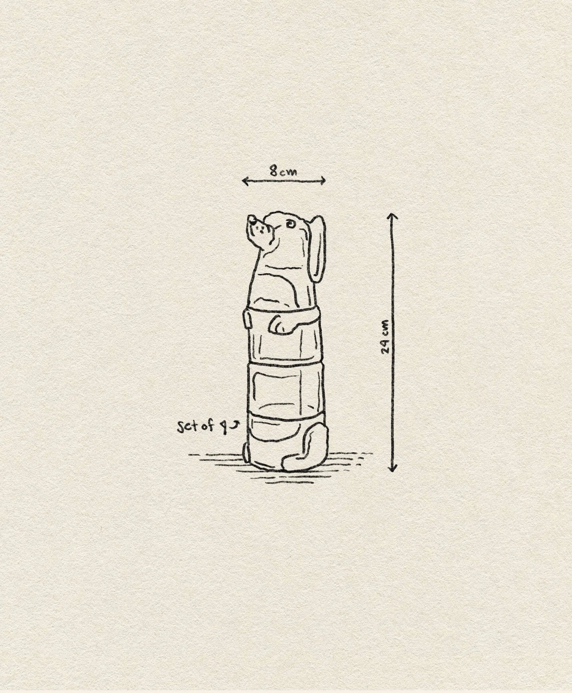 Line drawing of DOIY Puppy Glasses, Set of 4 by DOIY, shown stackable on a textured beige background with arrows highlighting their dimensions (8 cm wide, 24 cm tall). Illustration displays all four decorative glass pieces.