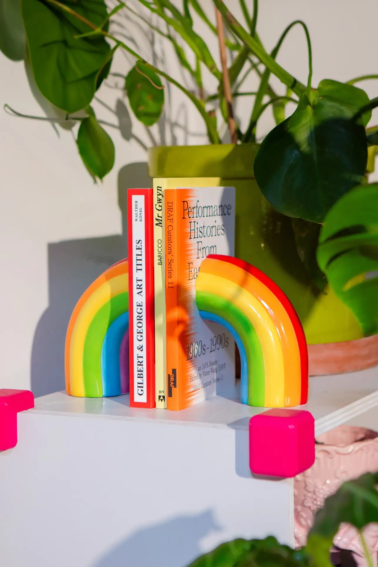 Three books stand upright between DOIY Rainbow Bookends on a white shelf. The vibrant colours of the DOIY bookends and bright pink brackets add charm, while green houseplants in the background complete this cheerful scene.