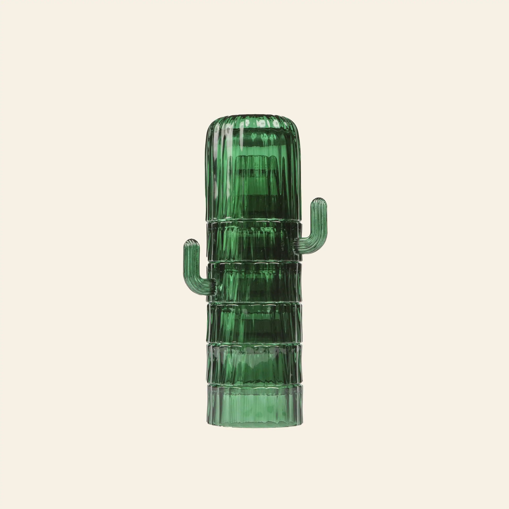 The DOIY Saguaro Glasses, Set of 6 by DOIY features green glass containers shaped like saguaro cacti with ribbed textures and small arms—ideal for adding unique style to your home decor.