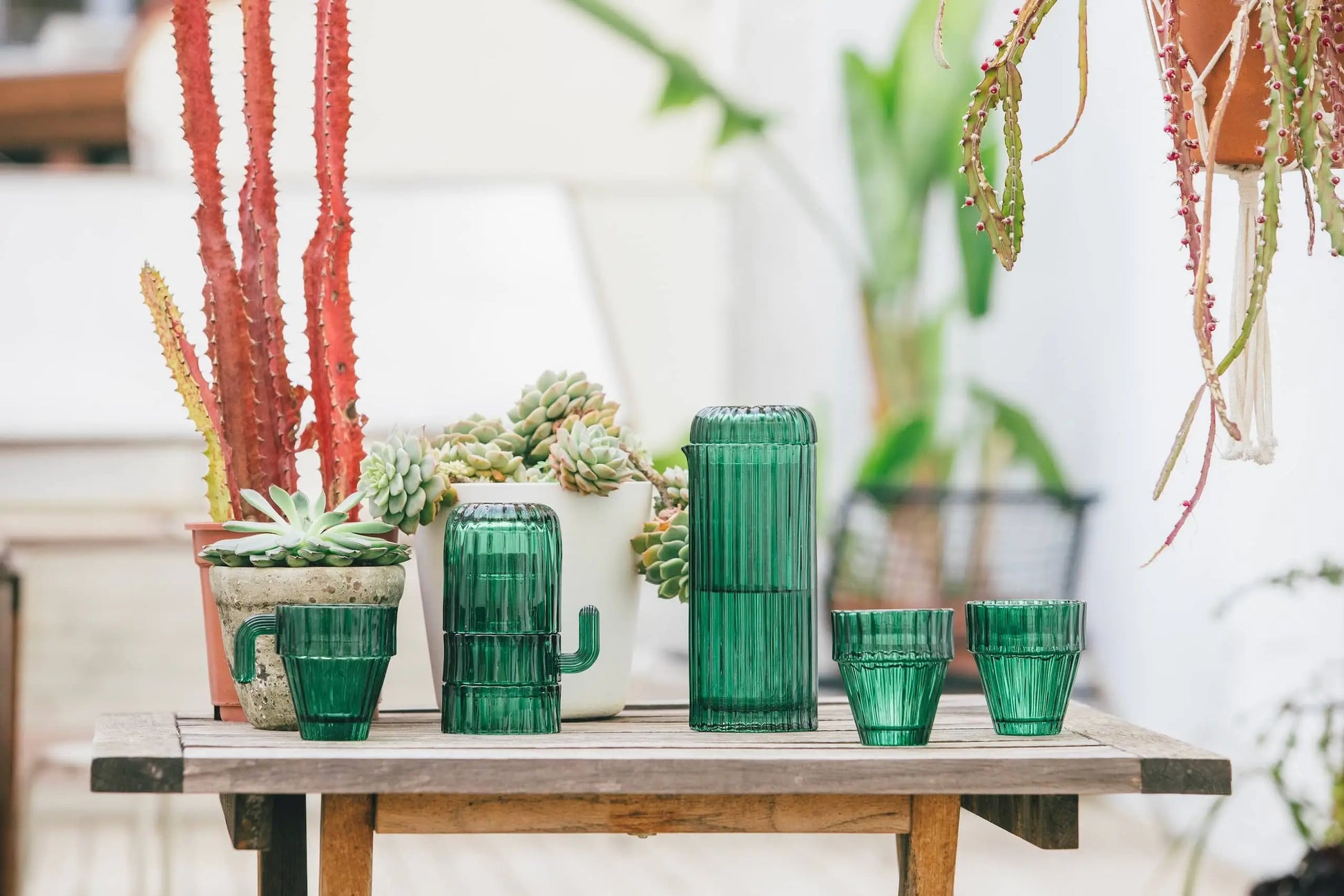 A wooden table displays the DOIY Saguaro Glasses set of 6—stackable cactus-shaped glasses by DOIY—alongside two potted saguaro cacti and other succulents, with hanging and potted plants brightening the outdoor decor.