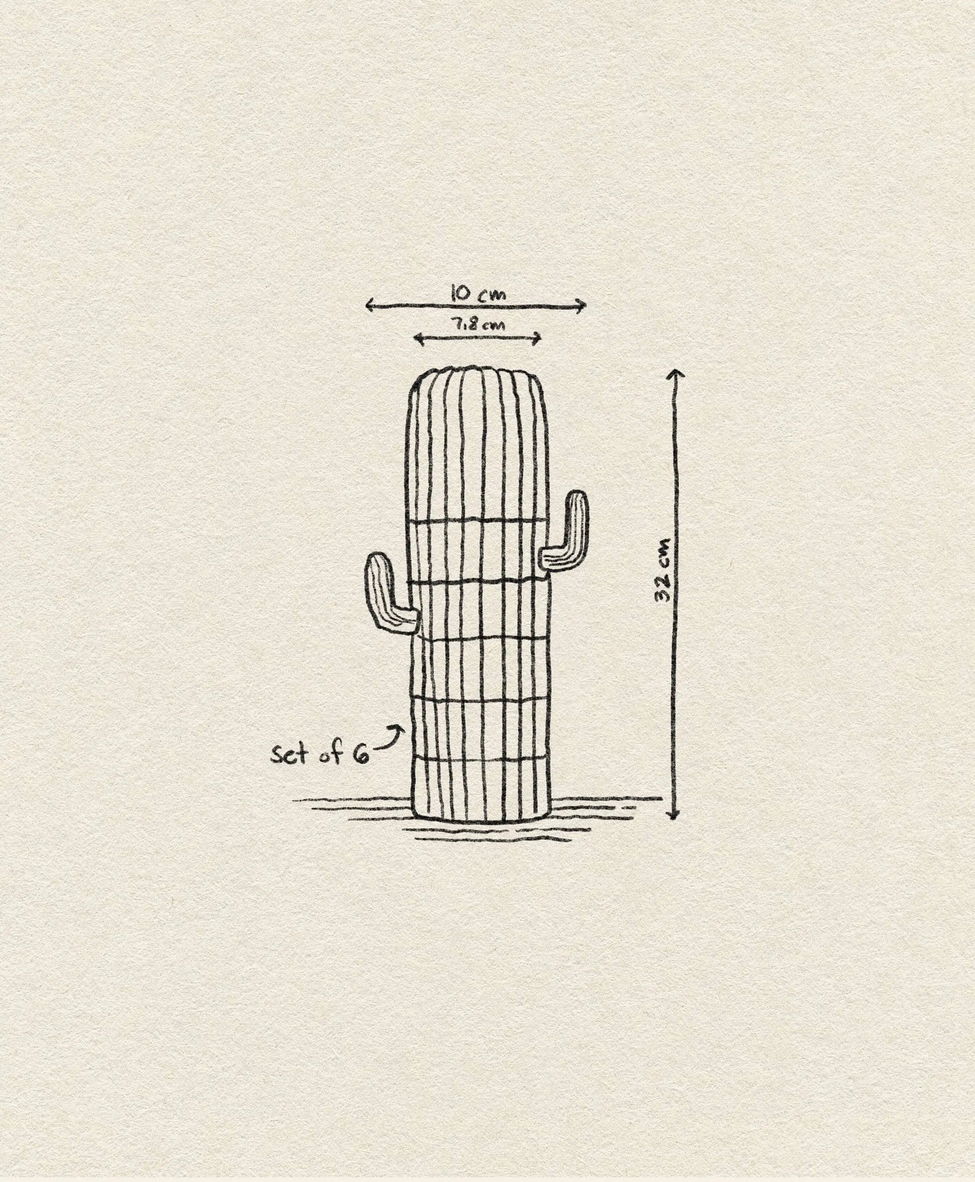Simple line drawing of DOIY Saguaro Glasses, Set of 6, shaped like a saguaro cactus with two arms. Measures 13.2 cm tall by 7.2 cm wide (top label shows 10 cm). Drawing on textured paper—ideal for home decor or as stackable glasses.