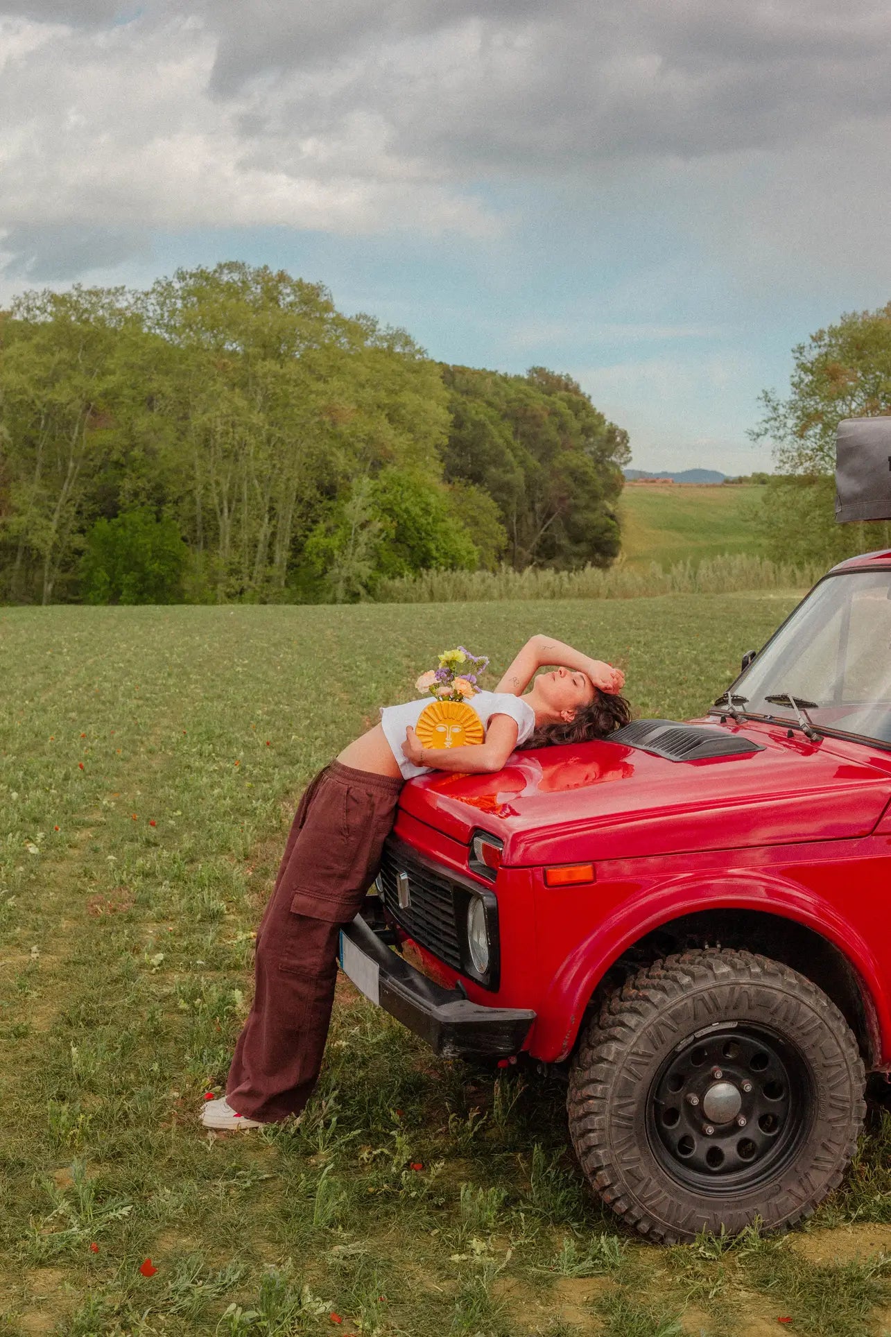 A person leans on a red car in a grassy field, holding yellow flowers ready to arrange in the cheerful DOIY Sun Vase by DOIY. The scene is set with trees and cloudy skies in the background, highlighting this stylish home decor piece.