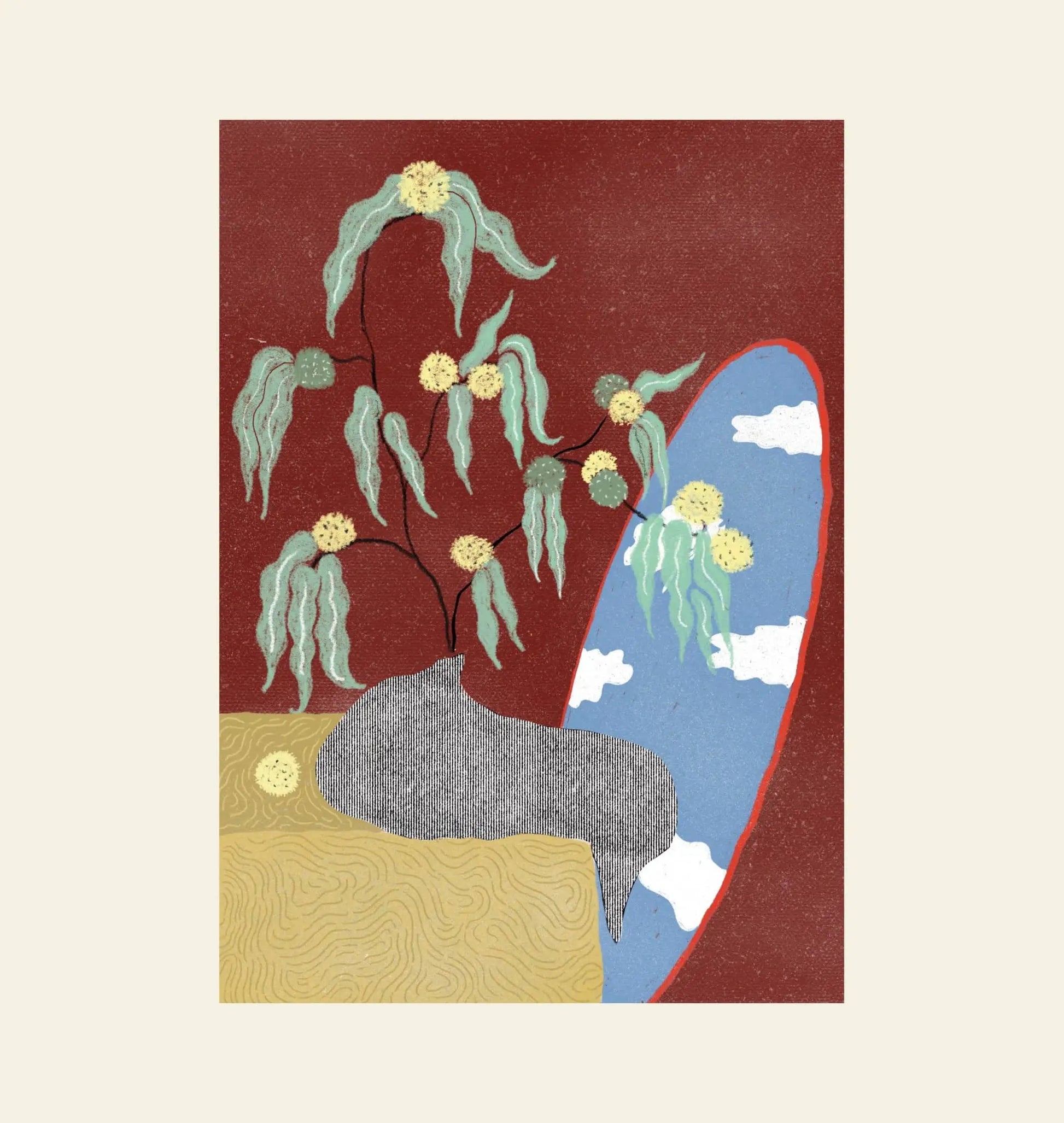 Dirtydoodies Epiphany, Print by Dirtydoodies features an abstract potted plant with green leaves and yellow flowers next to an oval mirror reflecting a blue sky, all set against a vibrant red and beige backdrop.