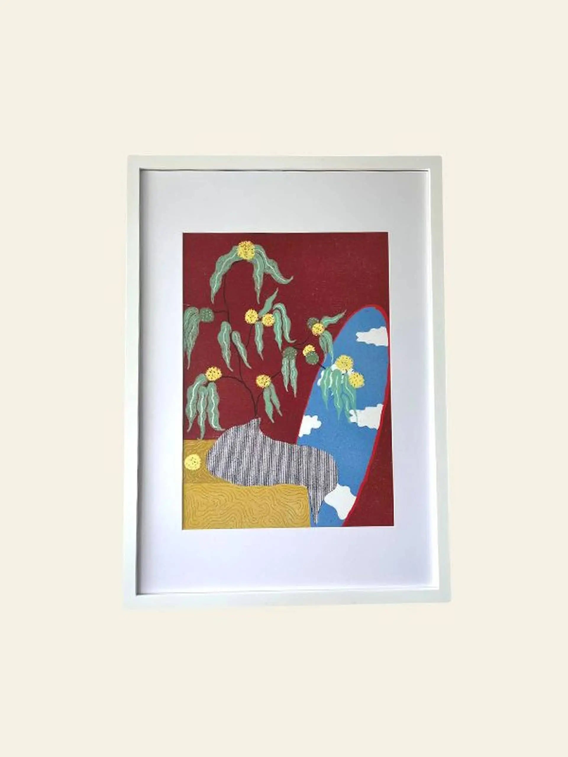 Dirtydoodies Epiphany, Print by Dirtydoodies: Framed abstract art with a red background and organic yellow, green, and blue shapes, cloud motifs, plus wavy white, black, and gold lines—capturing the feel of an epiphany.