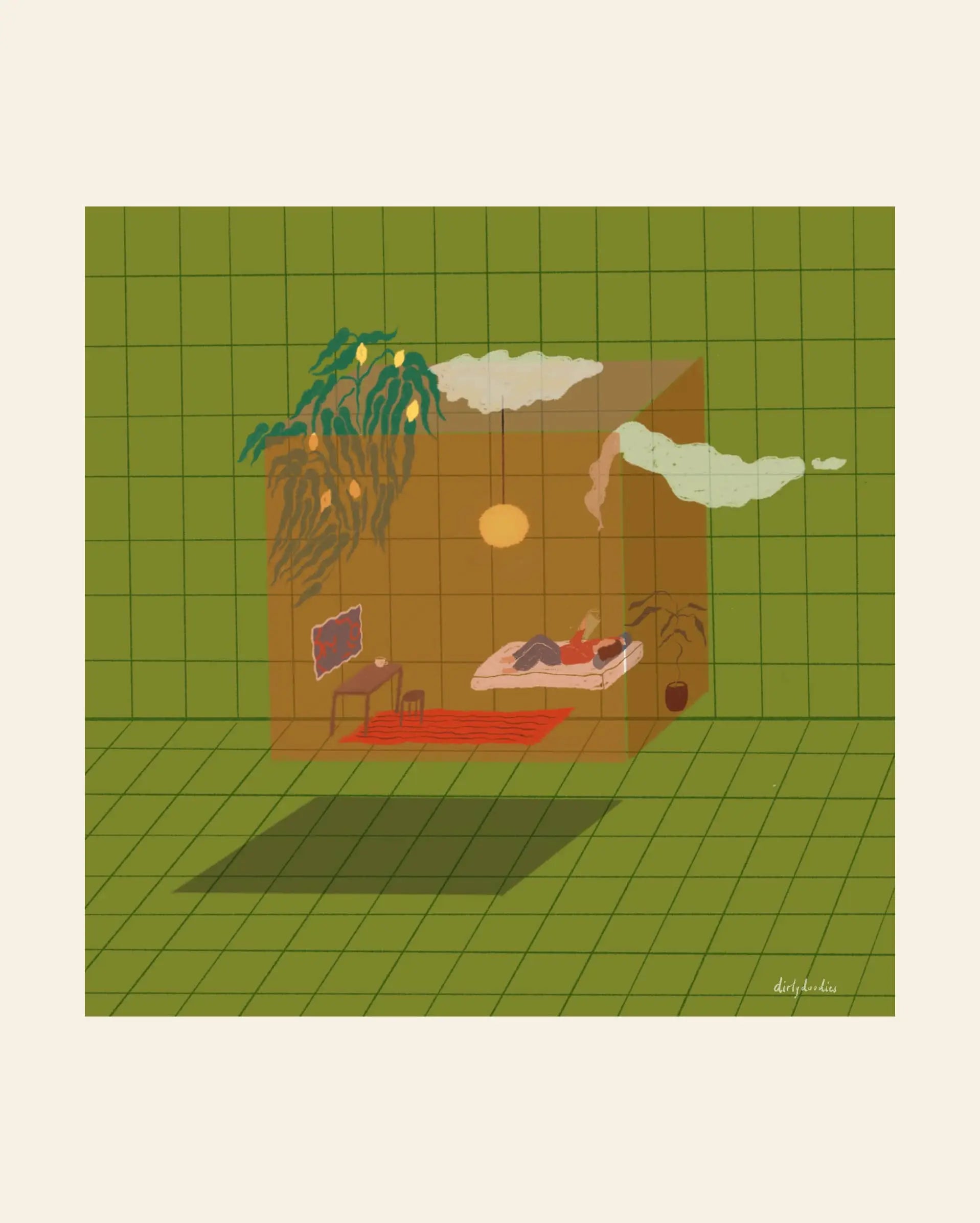 Dirtydoodies Room of Ones Own Print by Dirtydoodies features a person resting on a bed in a transparent cube room with a plant, table, and art, floating in infinite space above a green grid, with clouds and a glowing lamp inside.