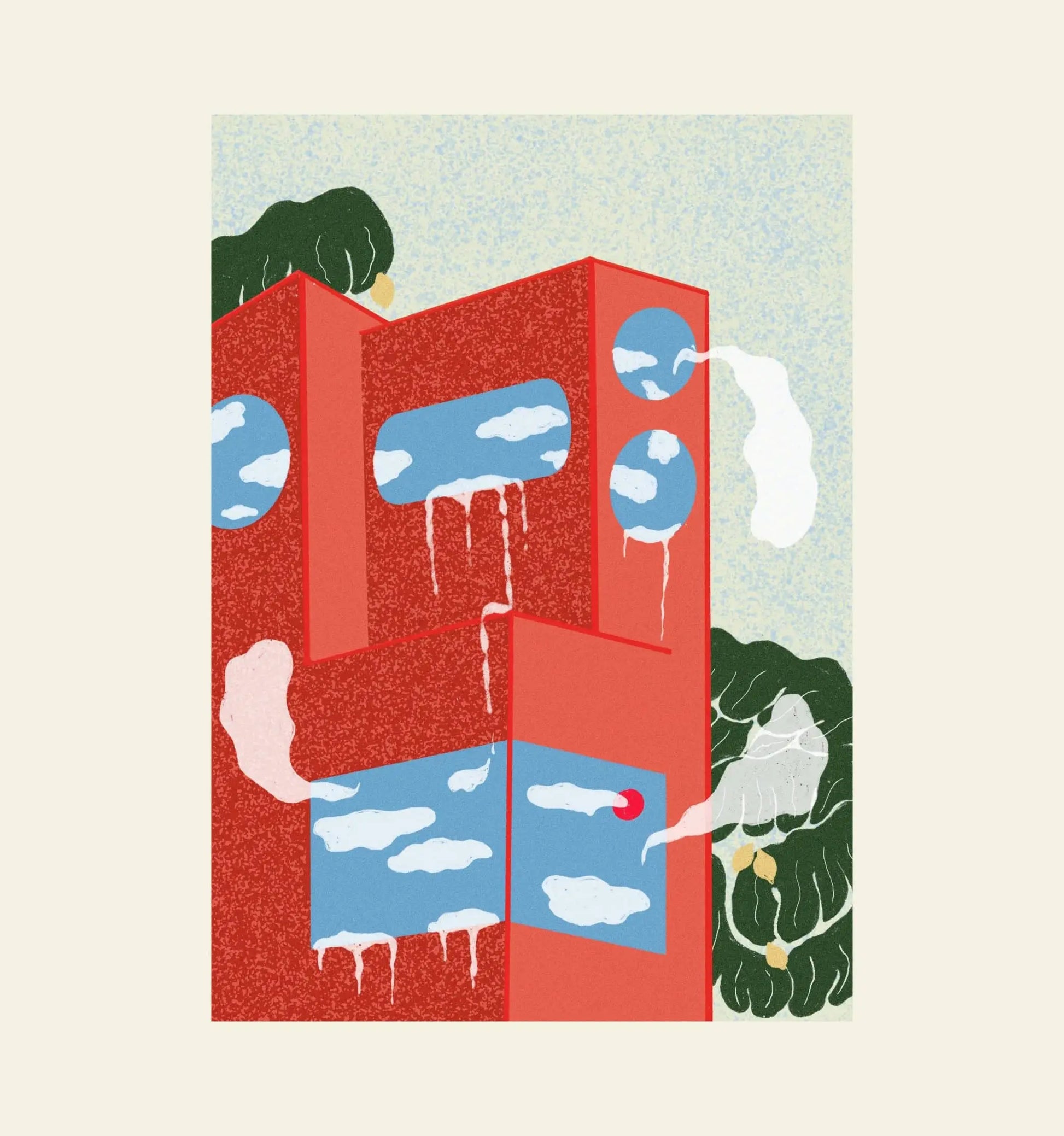 Dirtydoodies The Building; Somewhere, Print by Dirtydoodies features an abstract red glasshouse with blue sky reflections and cloud-like white drips at the windows, framed by leafy green trees in a colorful, surreal style.