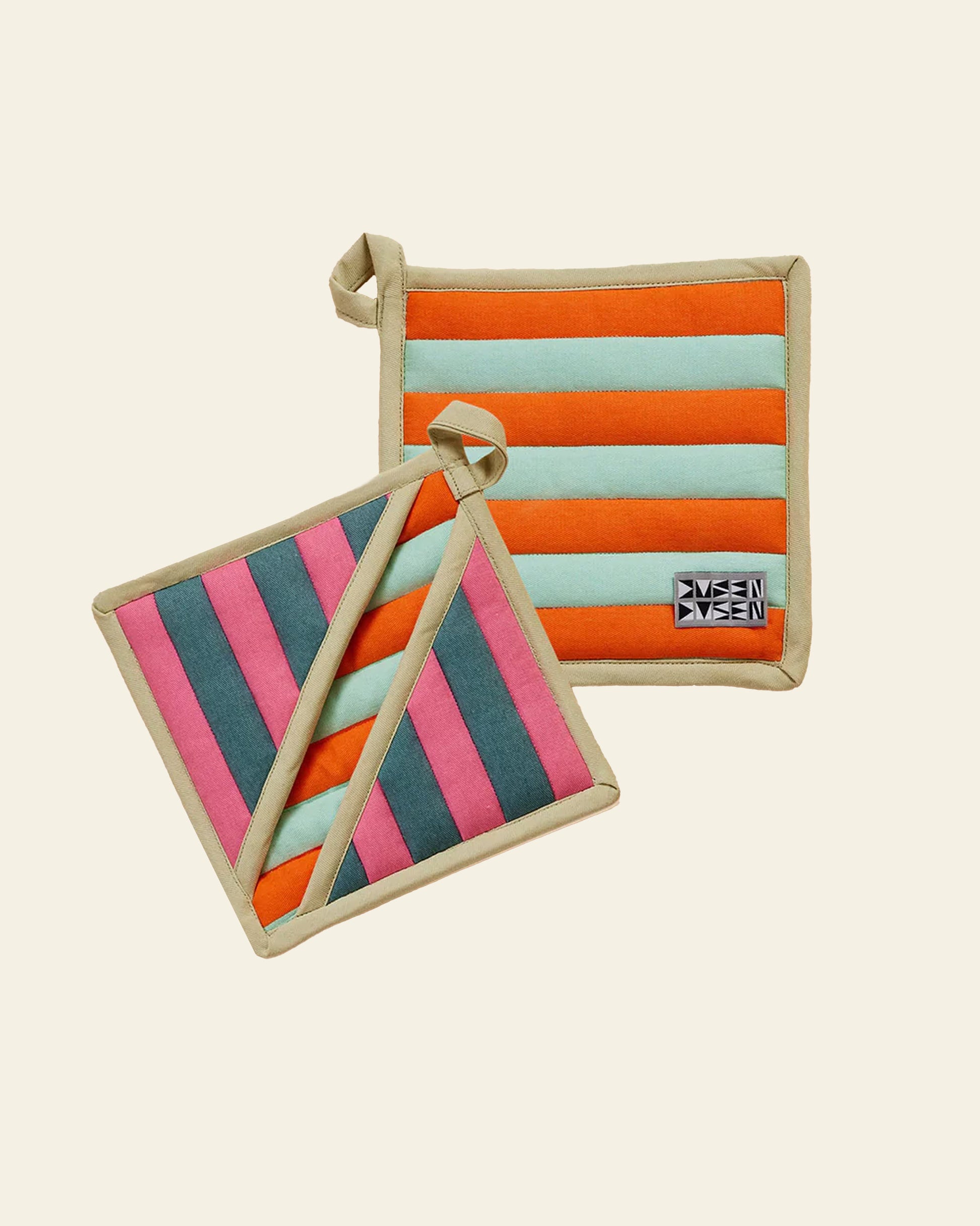 Set of two Dusen Dusen Pocket Pot Holders by Dusen Dusen featuring bold horizontal stripes in orange, teal, pink, and cream. Includes beige trim, hanging loops, and a black-and-white label on one holder. Heat resistant and stylish for your kitchen.