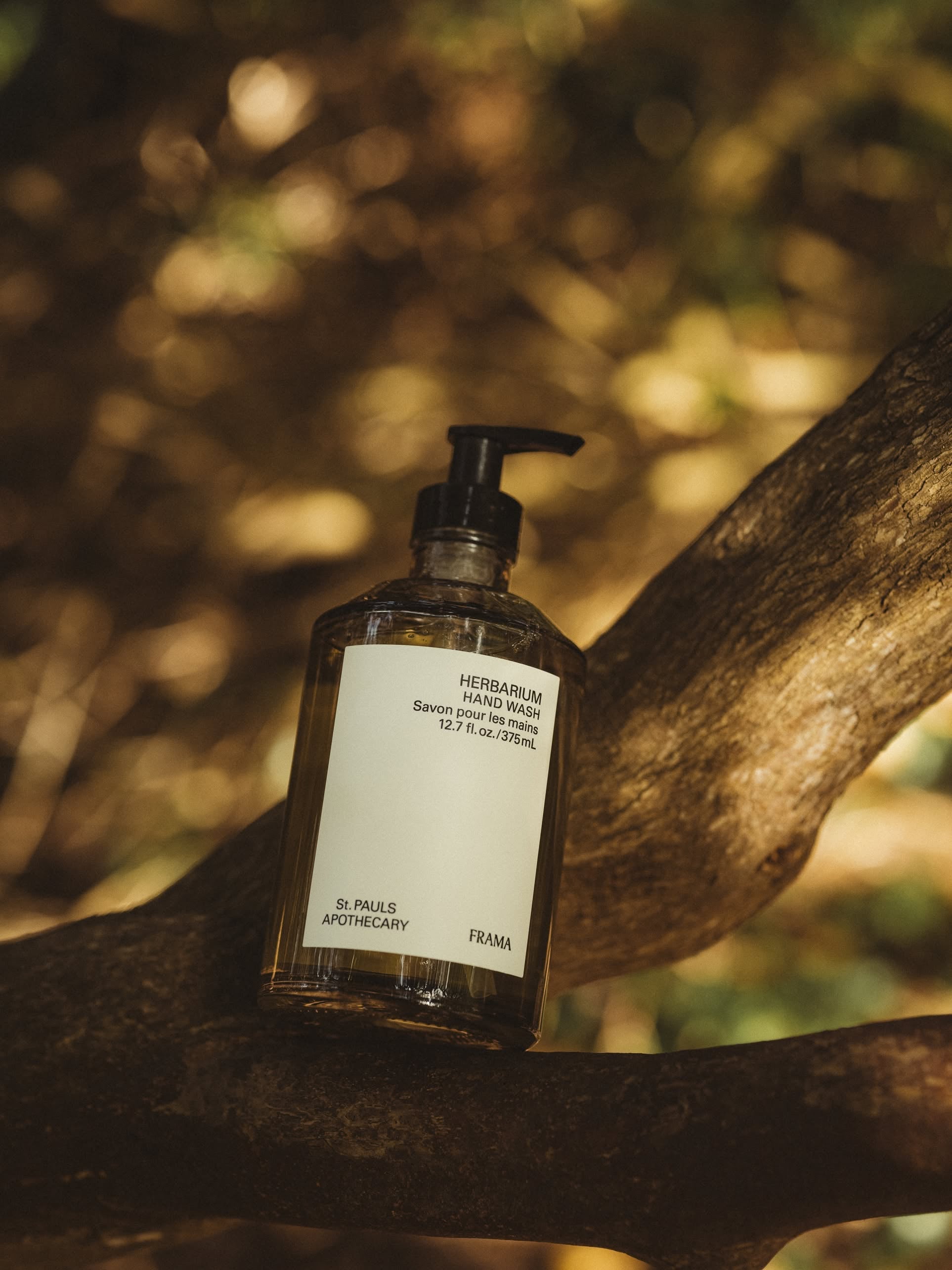 A clear pump bottle of FRAMA Hand Wash, 375ml sits on a tree branch with sunlight through leaves. The label reads “FRAMA Hand Wash, 375ml,” reflecting the brand’s focus on quality and natural ingredients.