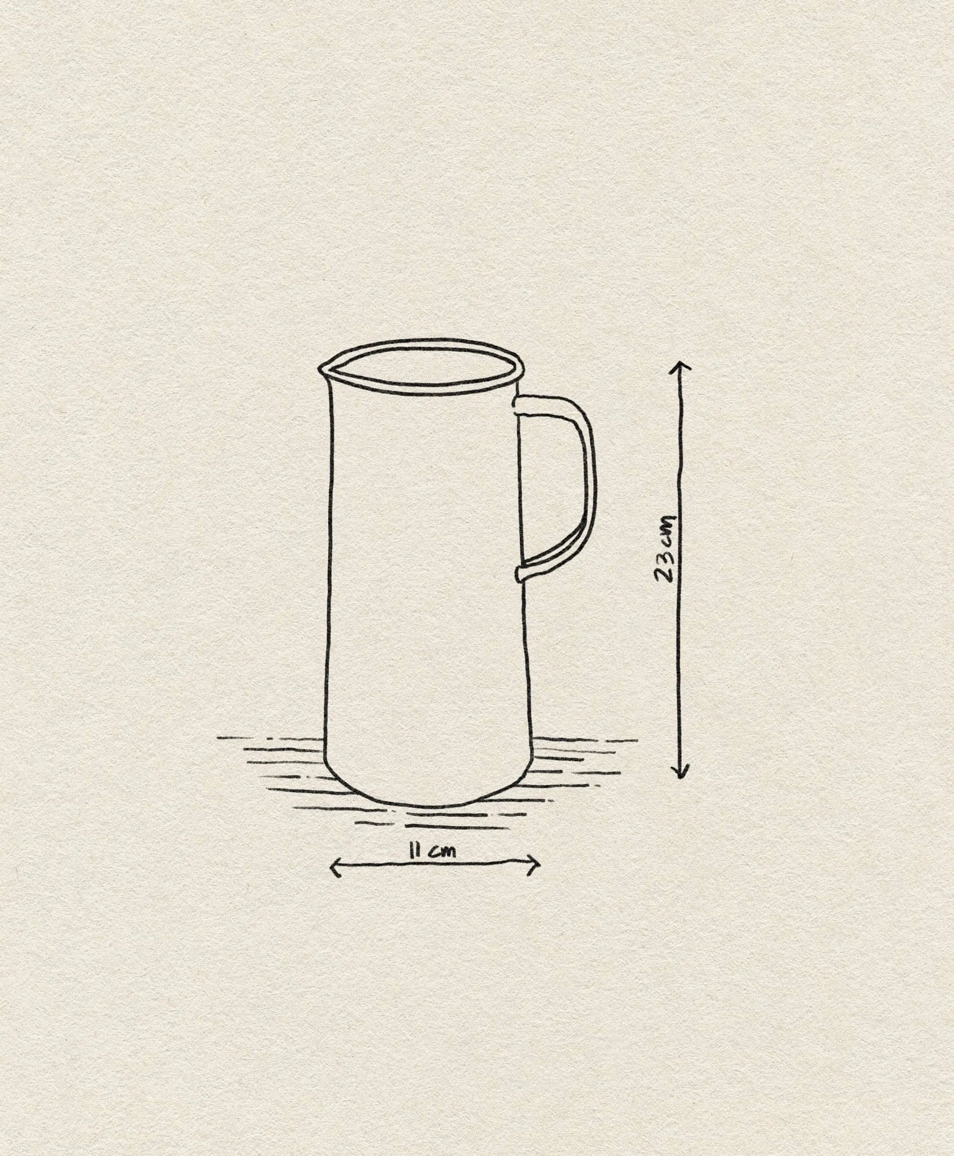 A simple line drawing of the Falcon Enamelware 3 Pint Jug by Falcon Enamelware, showing its tall form with handle (23 cm high, 11 cm diameter) on a textured beige background, with measurement arrows accentuating its retro design.