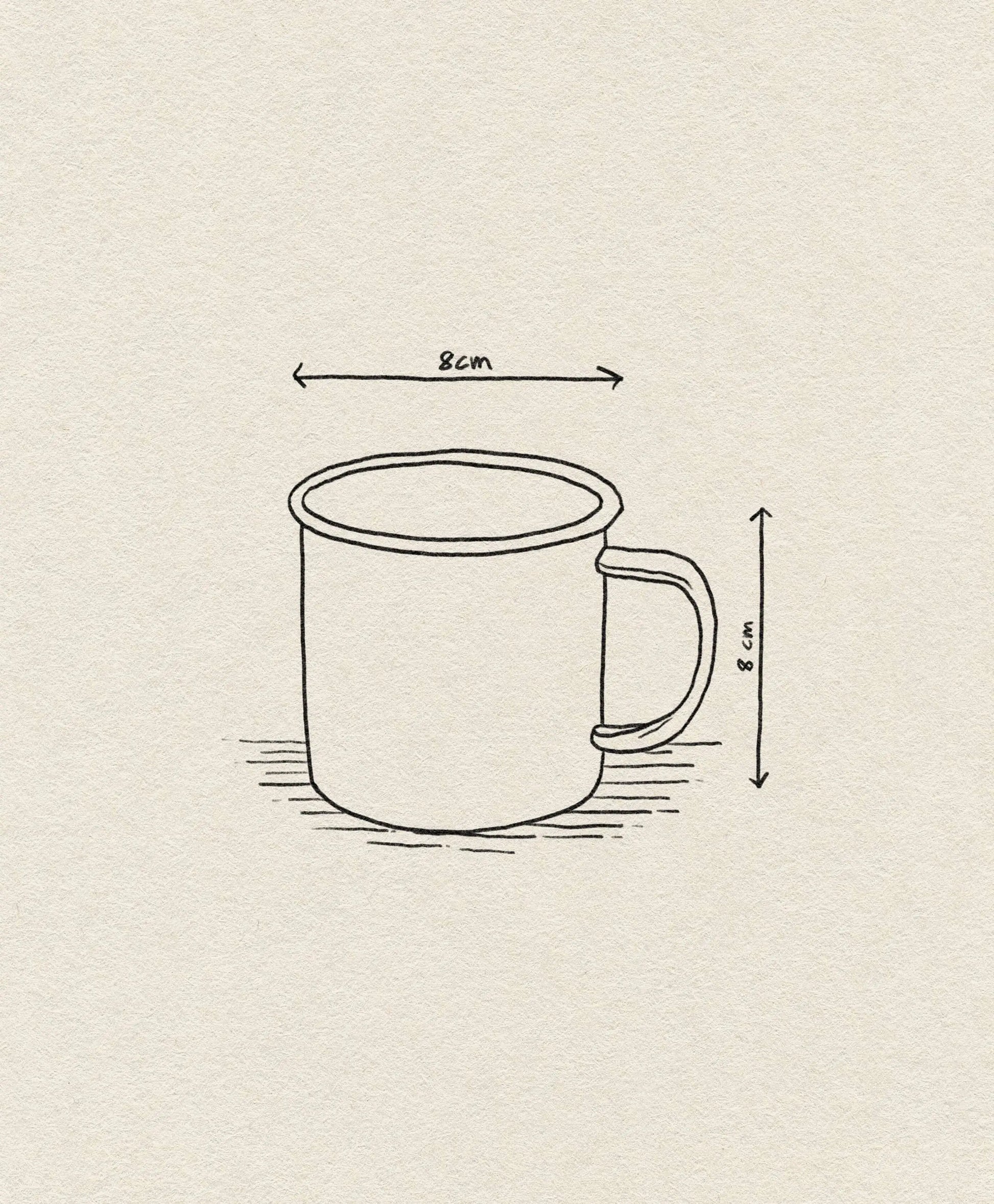 A simple line drawing of the Falcon Enamelware Mug by Falcon Enamelware, showing a handle and dimensions of 8 cm wide and 8 cm high. The background has a textured, off-white look for subtle vintage style.