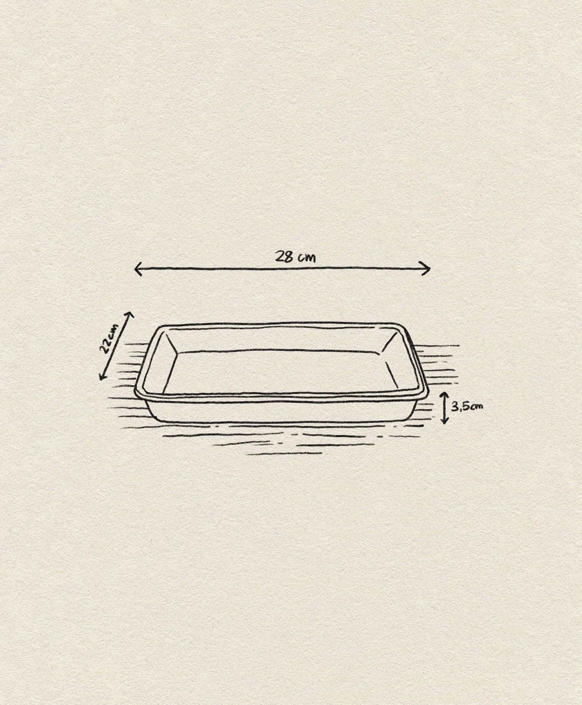 Simple line drawing of the Falcon Enamelware Serving Tray by Falcon Enamelware with labeled dimensions: 28 cm x 22 cm x 3.5 cm, shown on a textured beige background—its sleek black finish enhances any serving collection.