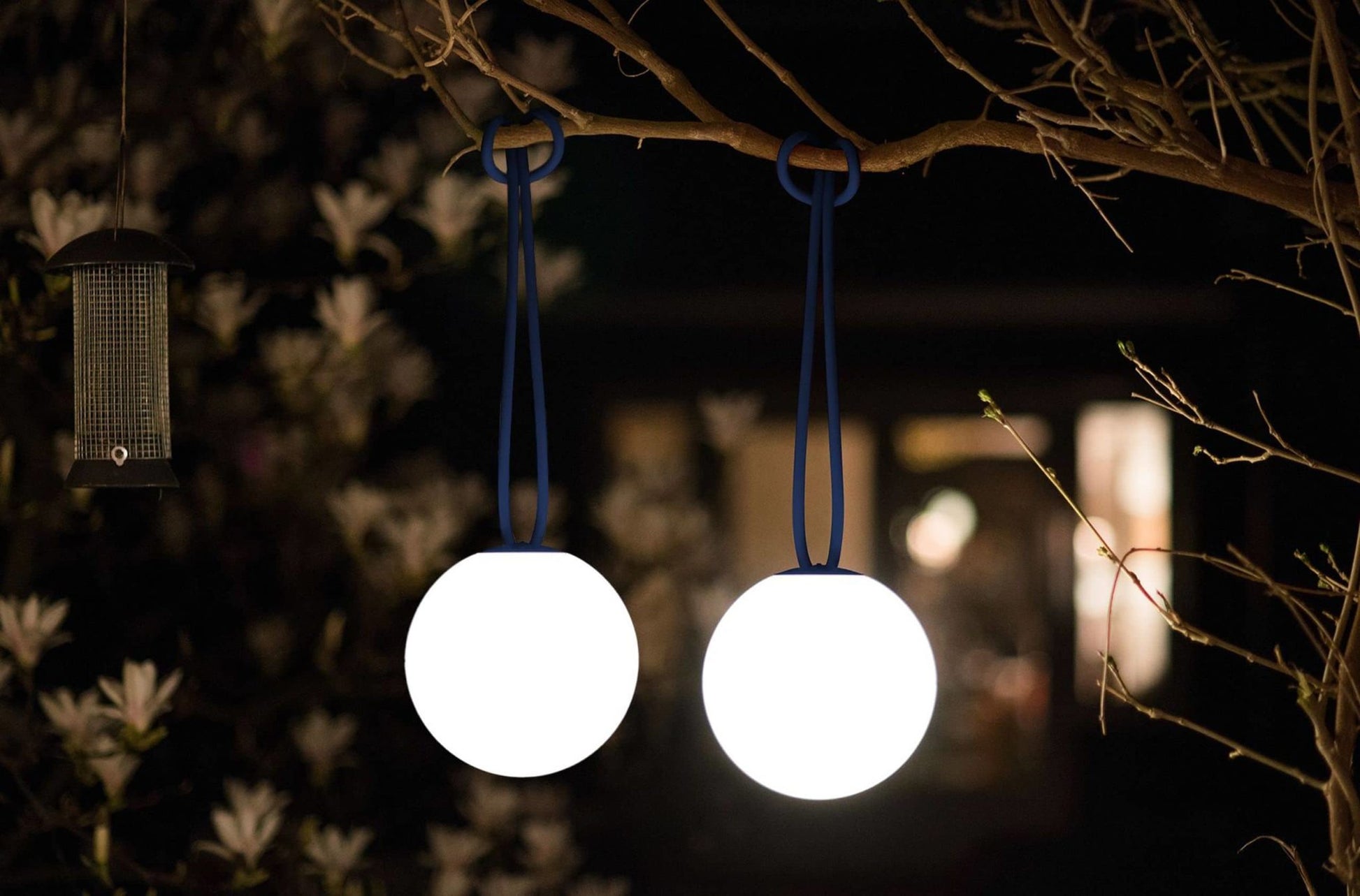 Two glowing Fatboy Bolleke lights with blue loops hang from a tree branch at night, near a bird feeder and flowers, with a warmly lit contemporary window in the background.