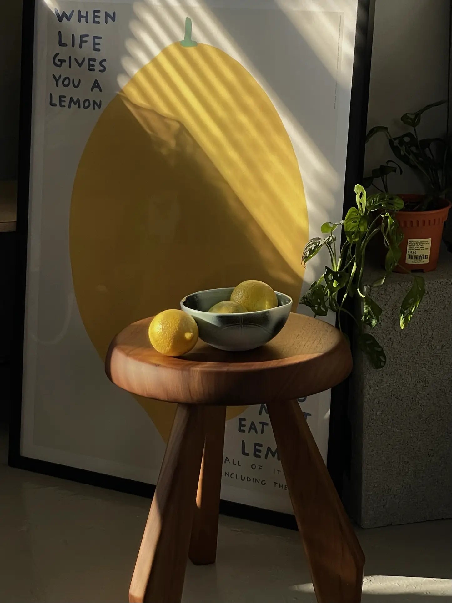 The Frizbee Ceramics BBOL S by Frizbee Ceramics sits on a wooden stool with a loose lemon, in front of a vibrant lemon poster and beside a sunlit potted plant.