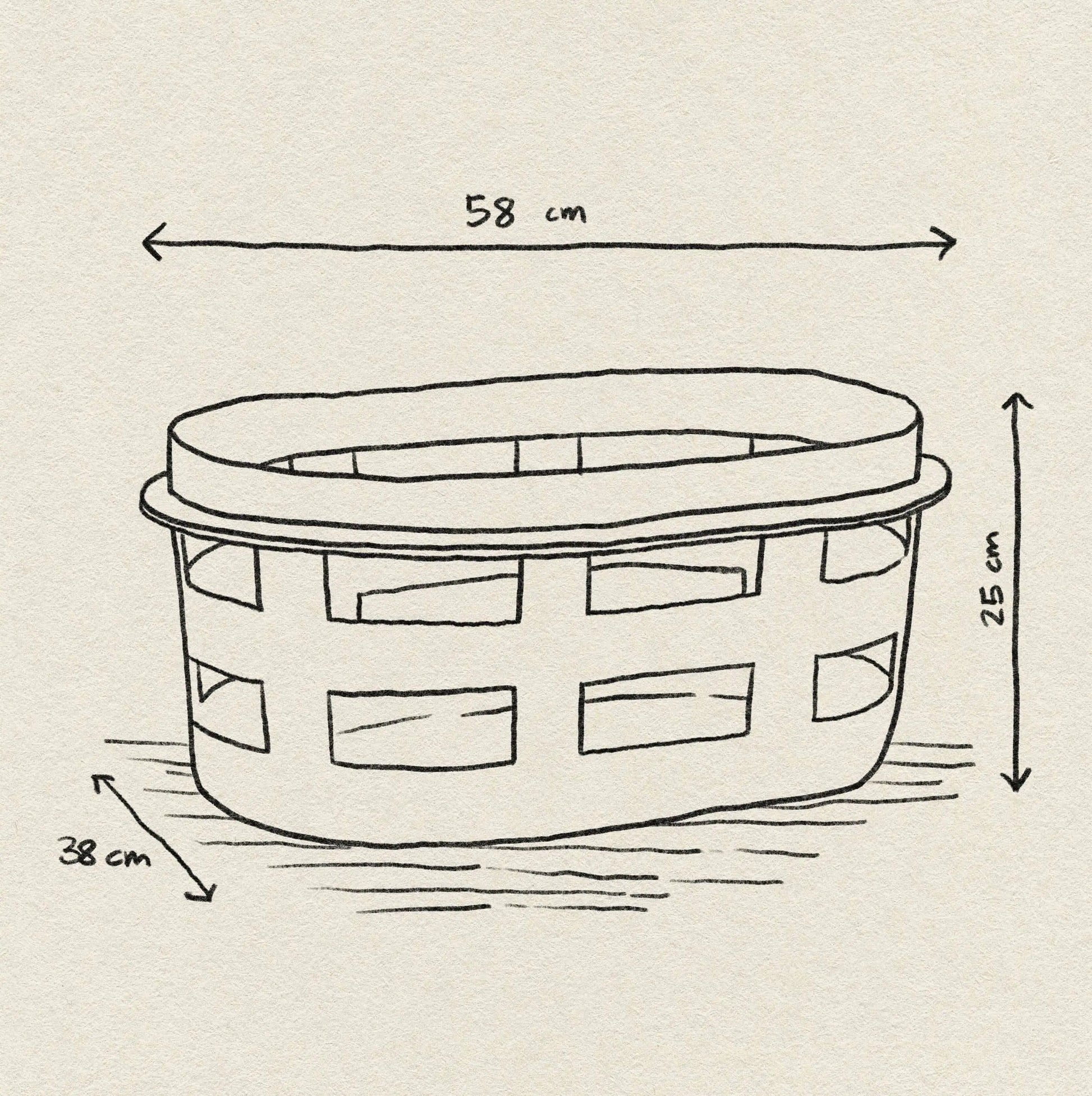 A line drawing of the HAY Basket S by HAY, measuring 58 cm wide, 38 cm deep, and 25 cm tall. This laundry basket features an open top with rectangular cutouts along the sides.