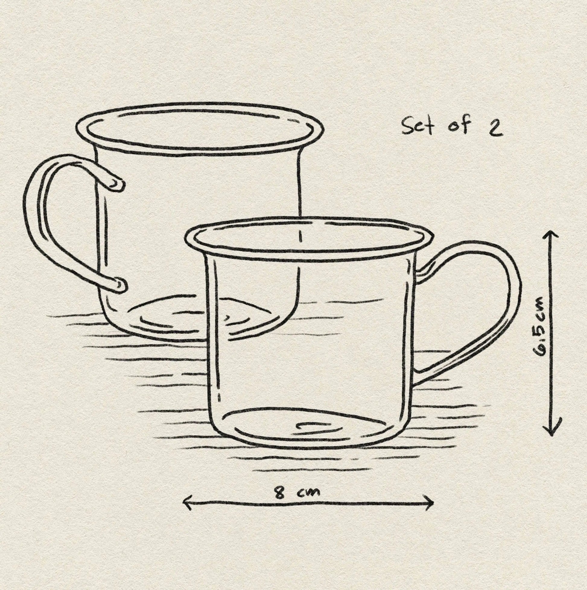 A simple line drawing shows two HAY Borosilicate Cup, Set of 2 by HAY. Each cup with a handle measures 6.5 cm tall and 8 cm wide, displayed against a textured background.