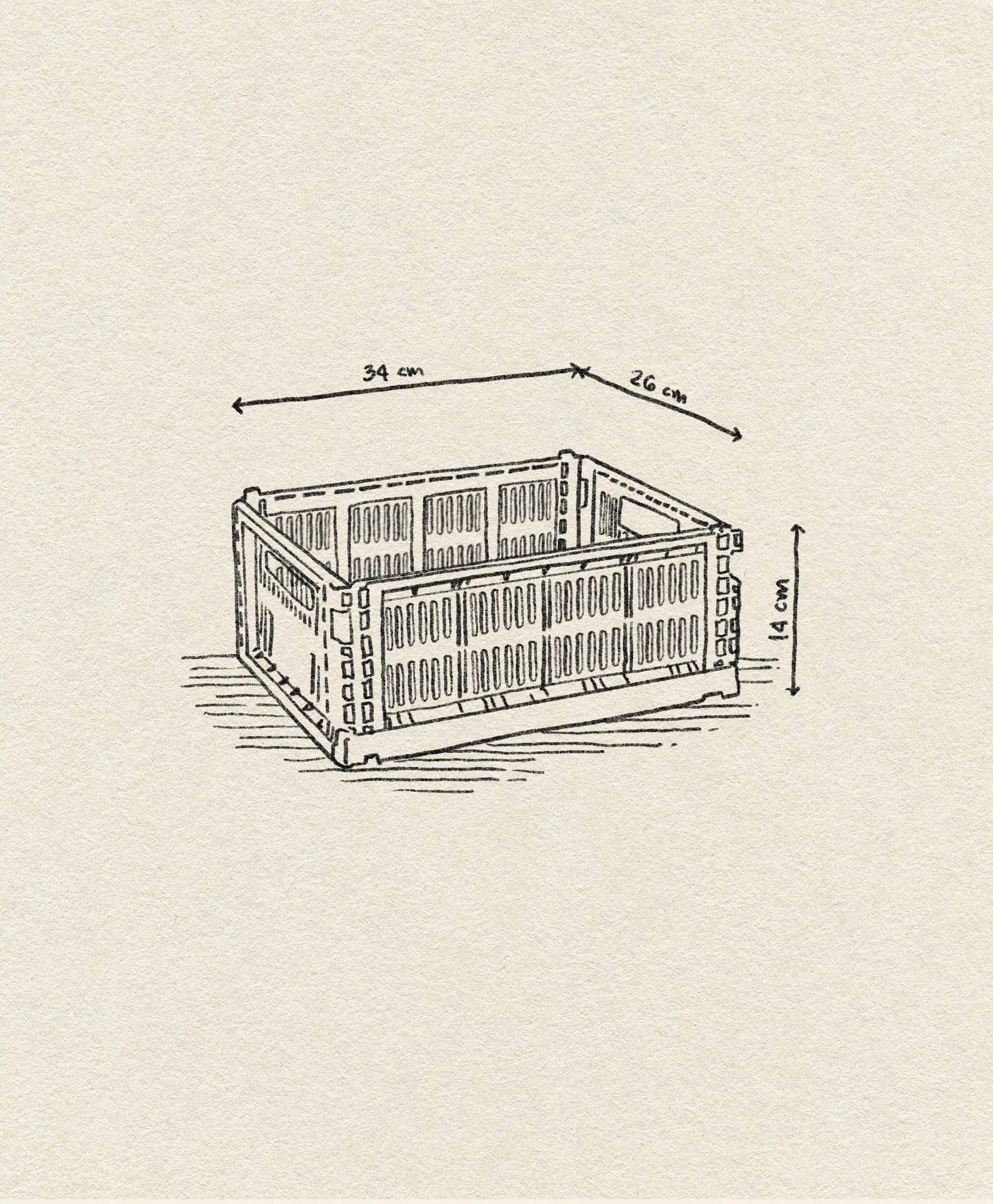 A hand-drawn illustration of the HAY Colour Crate Mix Medium by HAY, a rectangular storage box (34 x 26 x 14 cm), made from recycled plastic for eco-friendly organization, shown on a textured beige background.