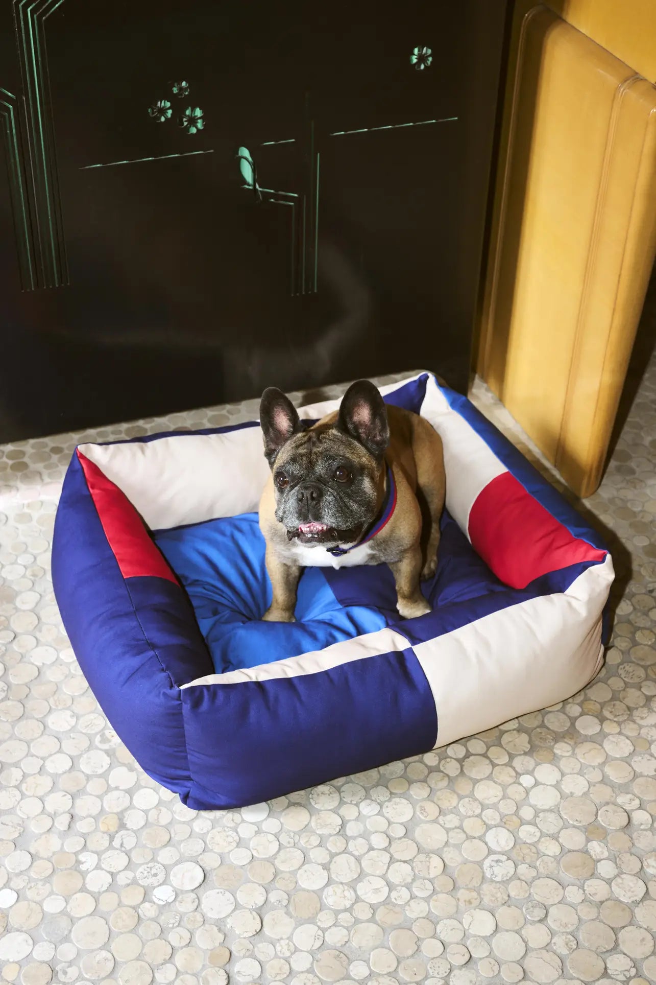 A French Bulldog with a dark brindle coat and white chest sits in a HAY Dogs Bed M by HAY, featuring blue, white, and red recycled polyester, on a light tile floor, looking up at the camera.