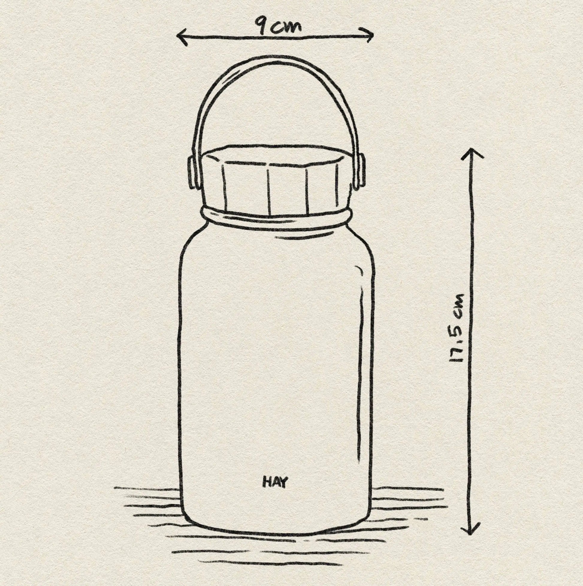 Line drawing of the HAY Mono Thermal Bottle by HAY, featuring a handle. Dimensions: 17.5 cm tall and 9 cm wide. Perfect for beverages, the bottle displays the word HAY and rests on a lightly shaded surface.