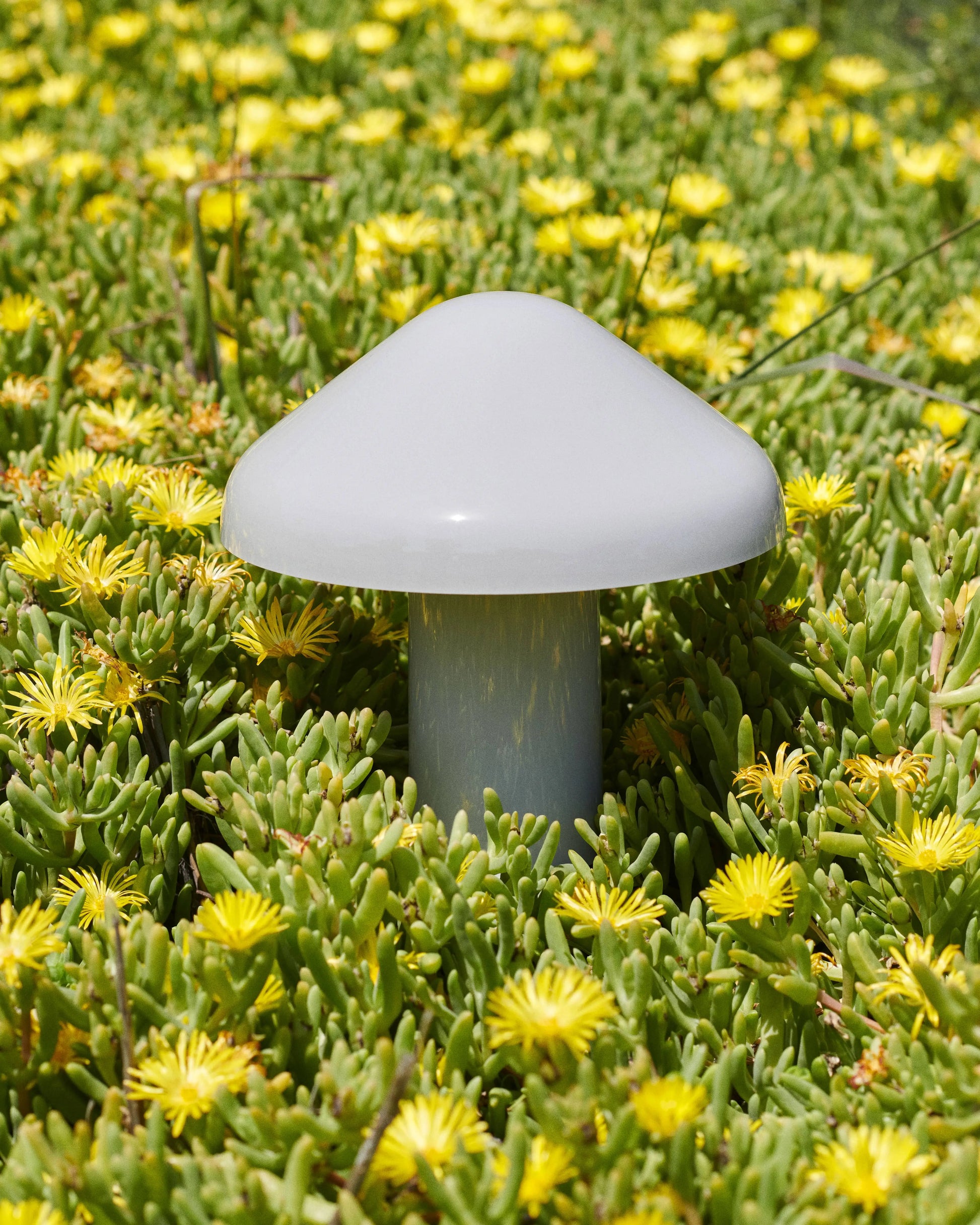 The HAY Pao Portable Lamp by HAY, in smooth white, sits amid lush green foliage and small yellow flowers under bright sunlight.