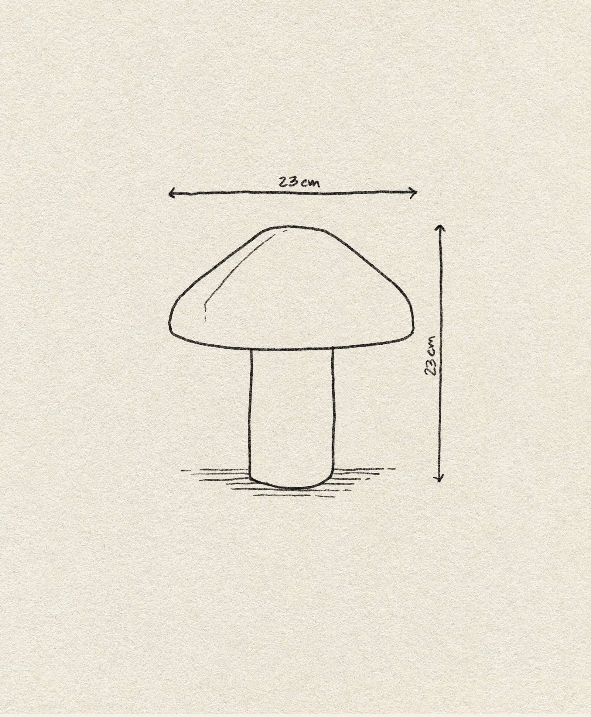 A minimal line drawing of the HAY Pao Portable Lamp by HAY, inspired by Naoto Fukasawa, features arrows and measurements (23 cm tall and 23 cm wide) on a textured beige background.