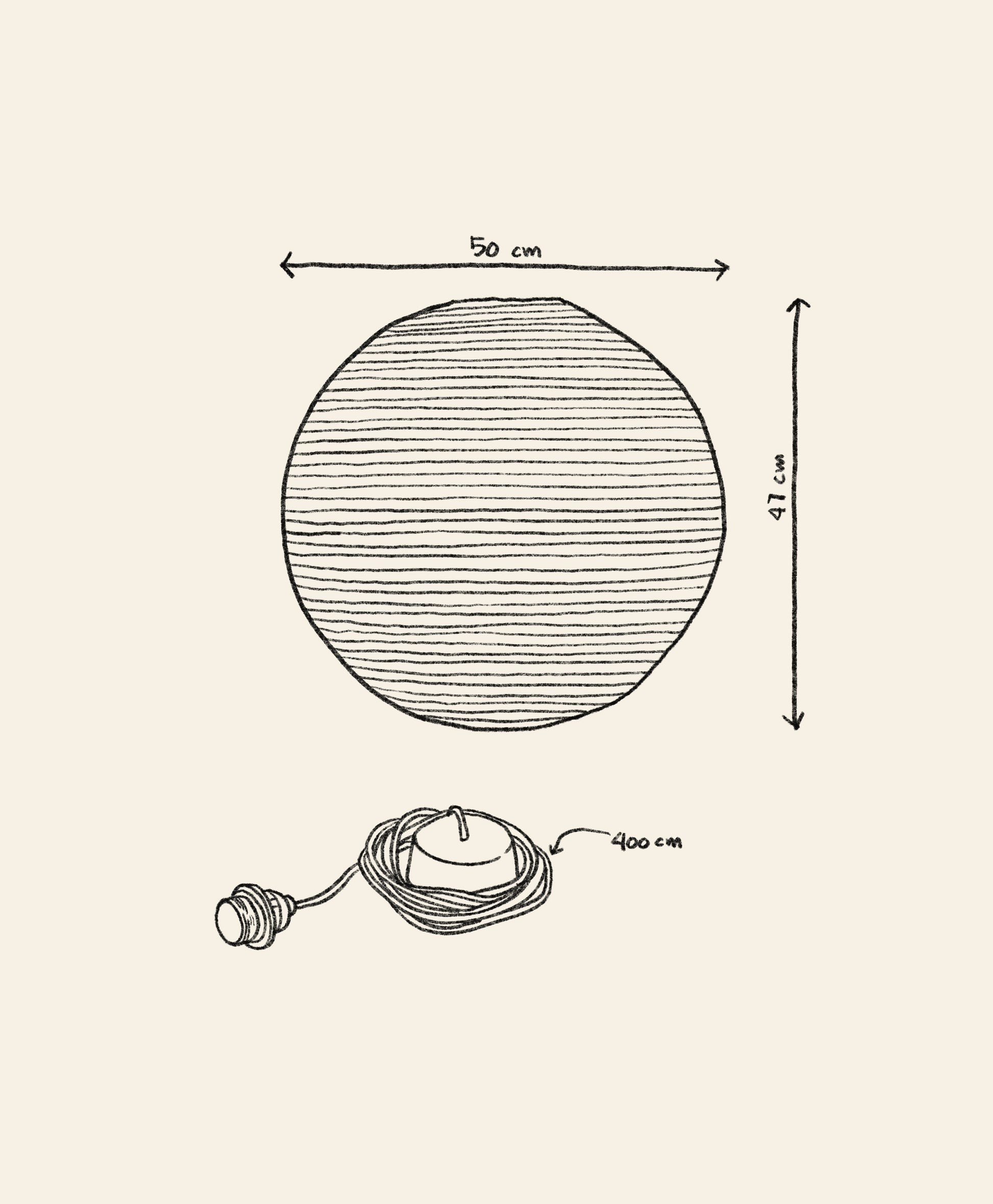 A hand-drawn illustration of the HAY Paper Shade 50cm Dia. With Pendant Cord Set by HAY, featuring a round rice paper shade (50 cm wide, 47 cm tall) and a 400 cm cord with socket is shown below.
