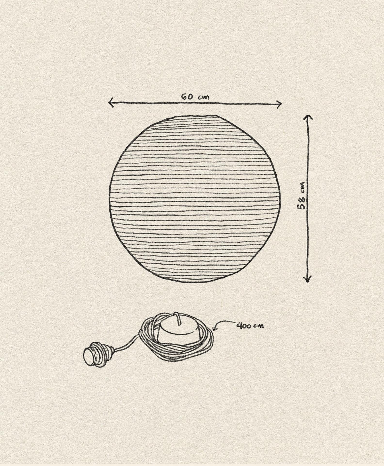 A hand-drawn illustration of the HAY Paper Shade 60cm Dia. With Pendant Cord Set by HAY, showing a round rice paper lantern (60 cm wide, 58 cm tall) with a 400 cm cord and plug. All measurements labeled; LED compatible for modern use.