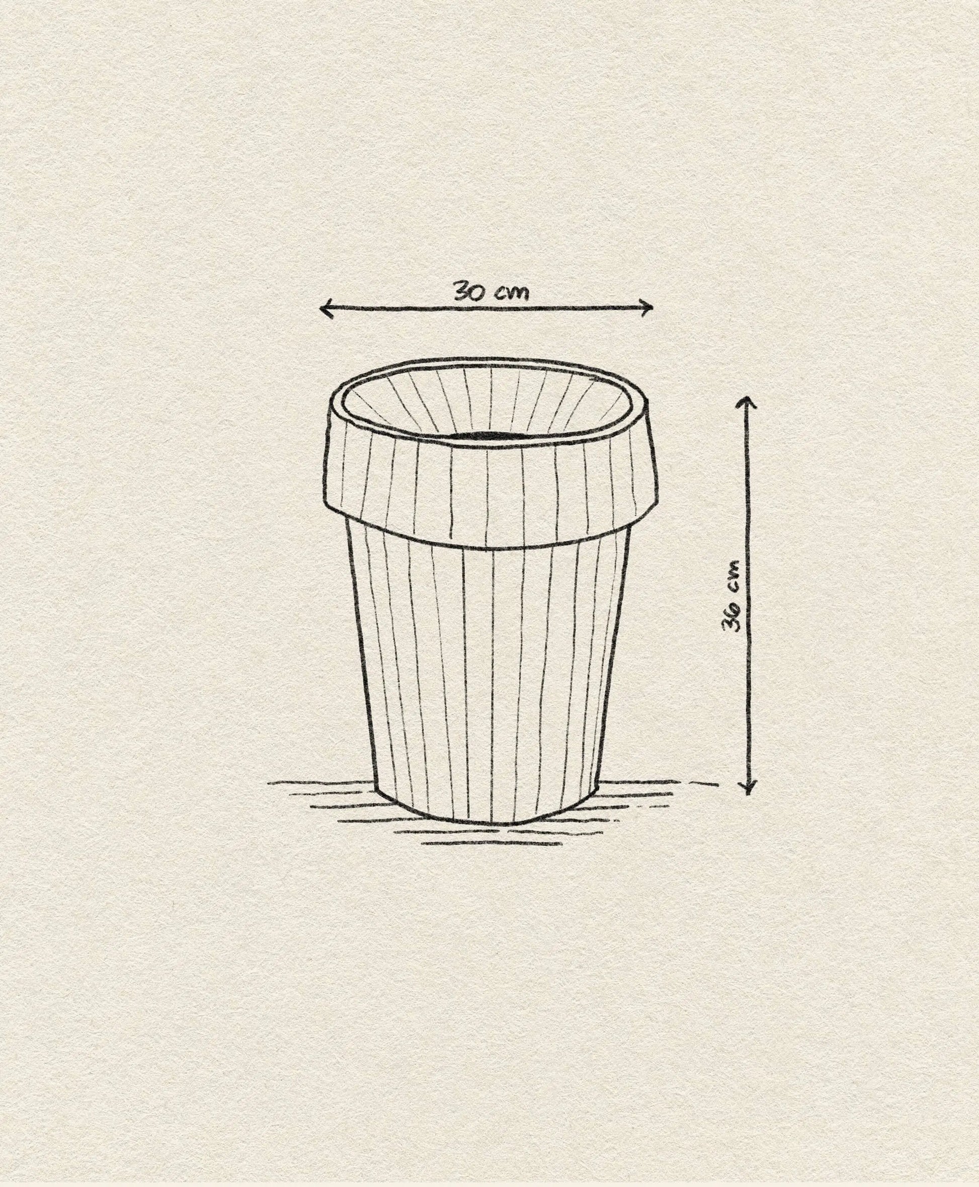 A line drawing of the HAY Shade Bin by HAY, made from durable polypropylene in muted tones, measures 30 cm wide and 36 cm tall, with labeled arrows showing its dimensions.