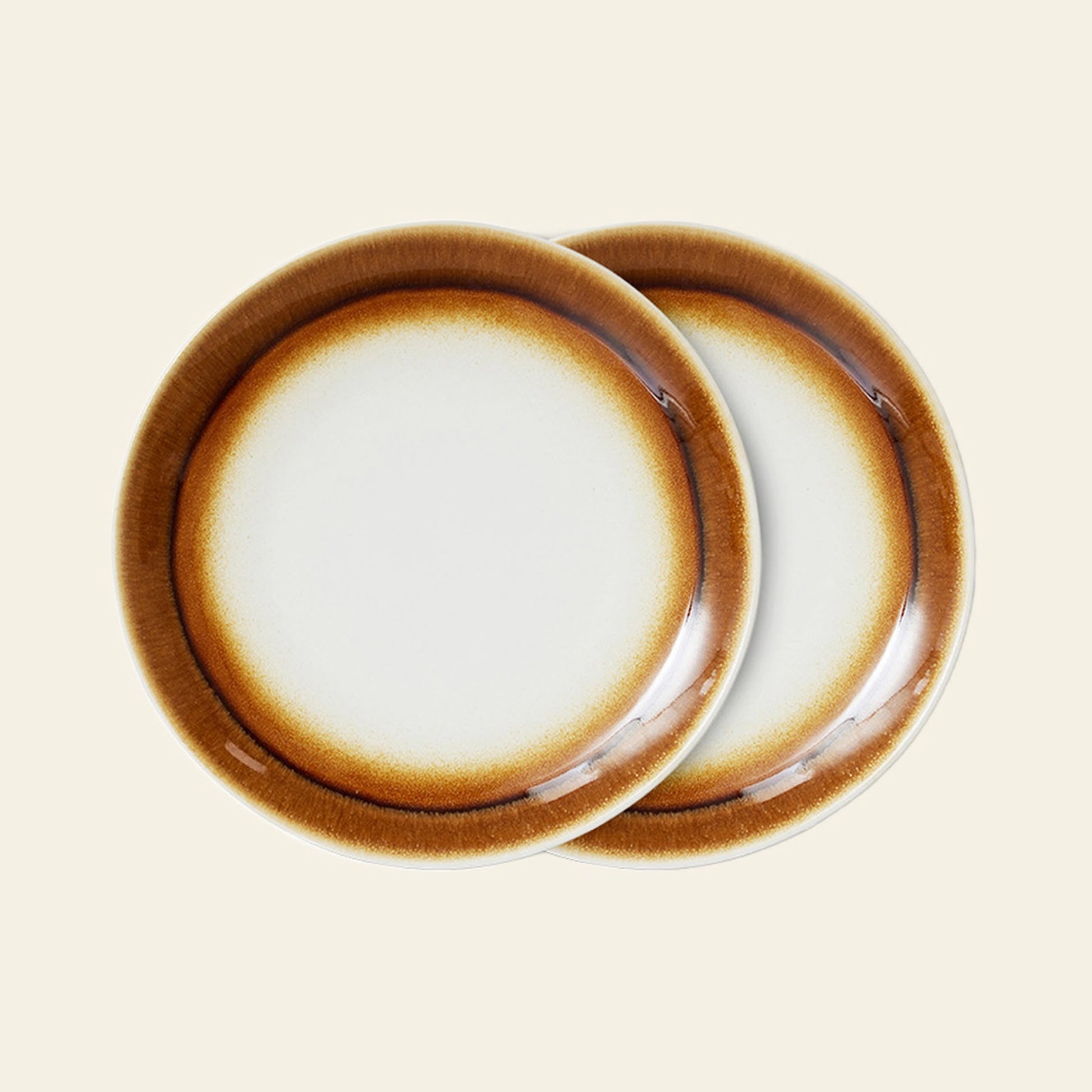 HKLIVING 70s Ceramics: Dinner Plates, Set of 2 - Supernova by HKLIVING, featuring overlapping plates with a white center and hand-glazed brown gradient rim on a plain light background.