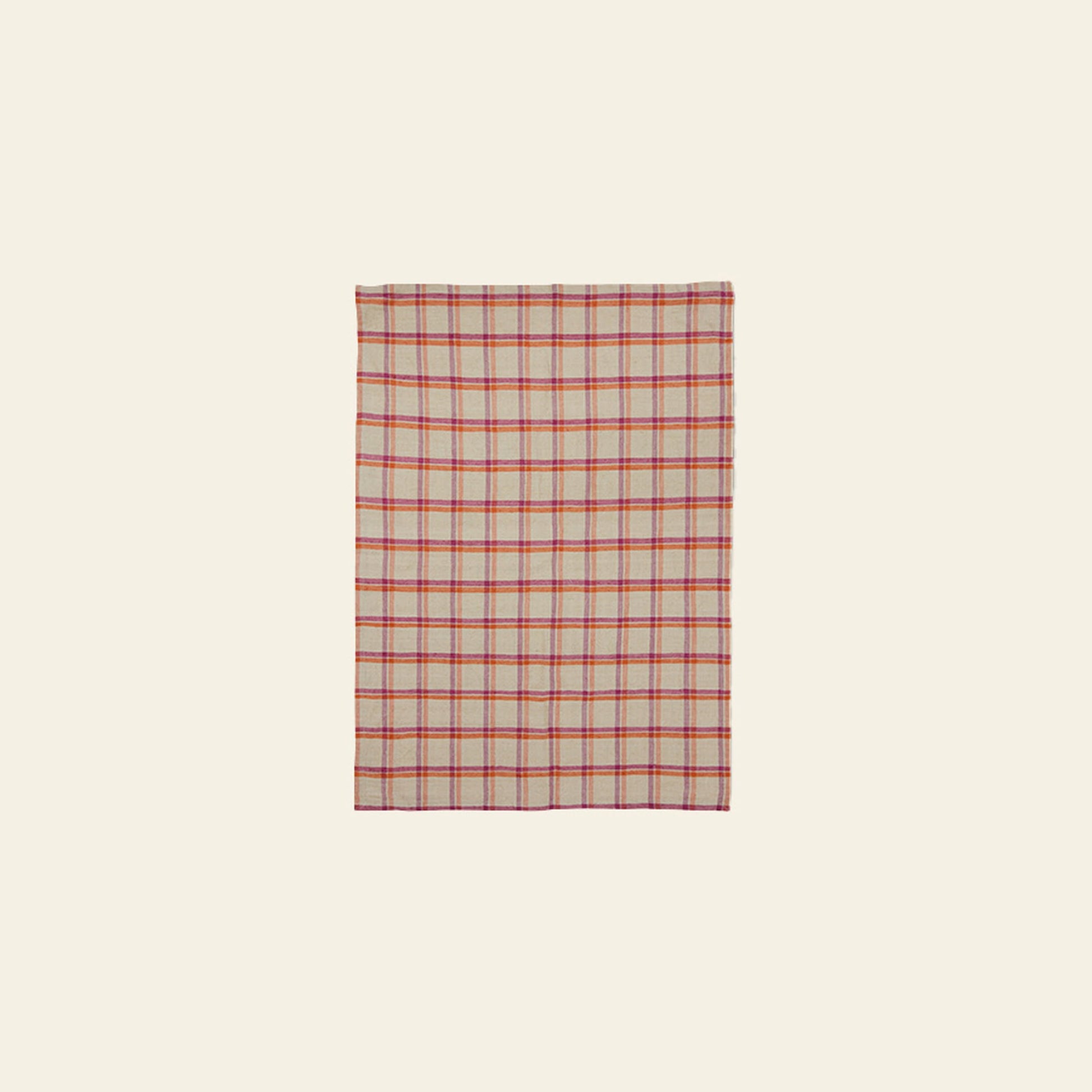The HKLIVING Vida Check Tea Towel - Strawberry/Cream is a rectangular linen-cotton blend, featuring red and blue checks on a beige background, shown flat against a plain light-colored surface.