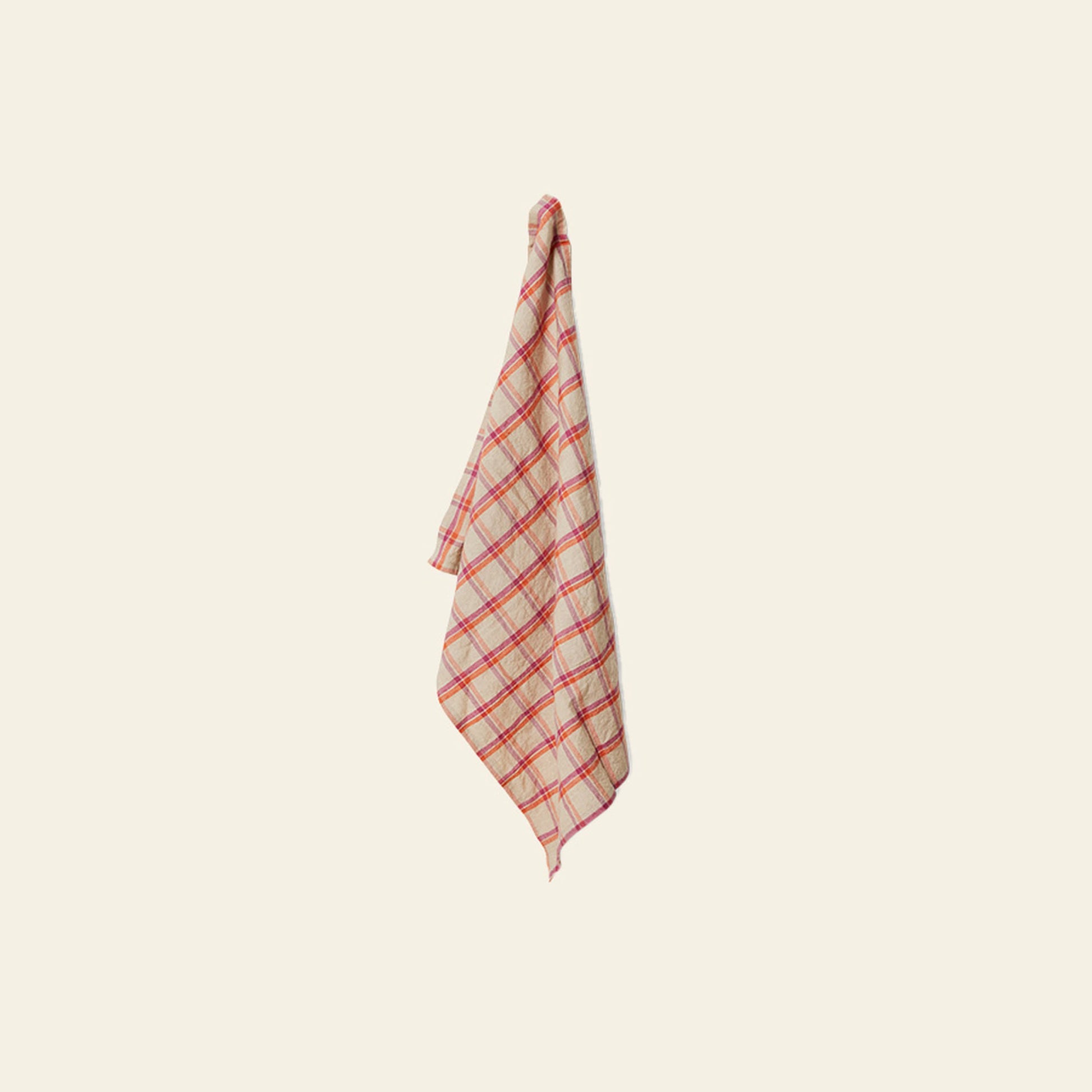 The HKLIVING Vida Check Tea Towel in Strawberry/Cream, made from a linen-cotton blend, is displayed against a plain light beige background.