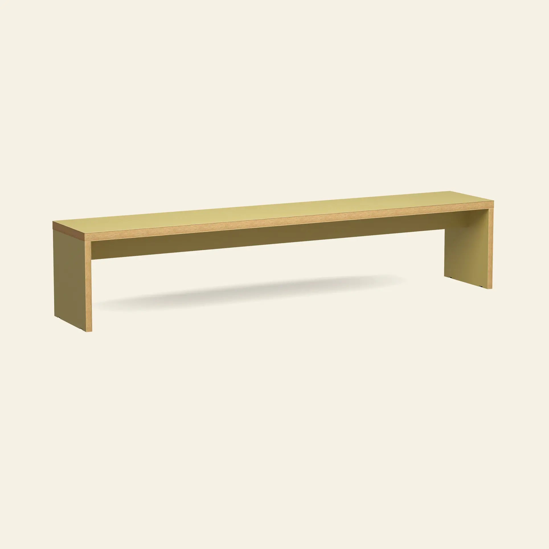 The HKliving Bench, 220cm, by HKliving features a minimalist rectangular design with straight edges and a light yellow finish—ideal for dining tables or space-saving seating—shown against an off-white background.