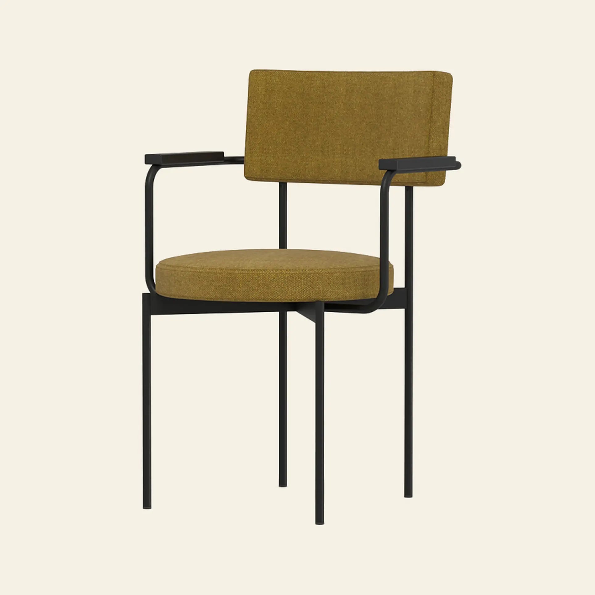 The HKliving Dining Armchair, Main Line Flax, Black by HKliving features a mustard yellow upholstered seat and backrest, a black metal frame, and slim armrests. Inspired by Dutch design, its minimalist style offers a refined contemporary look.