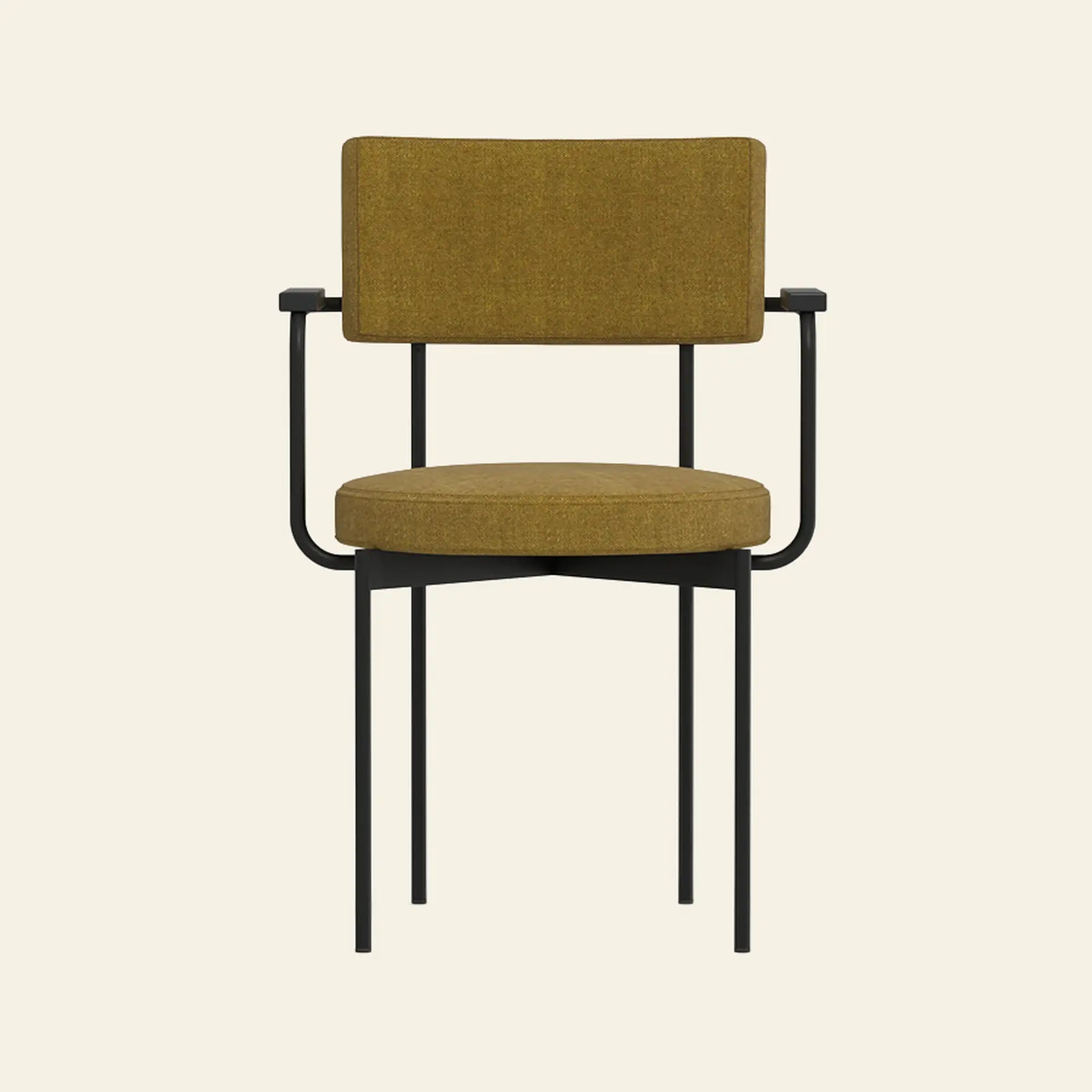 The HKliving Dining Armchair, Main Line Flax, Black by HKliving features Dutch-inspired design with a mustard yellow upholstered seat and backrest, black metal legs and armrests, shown on a plain light background.