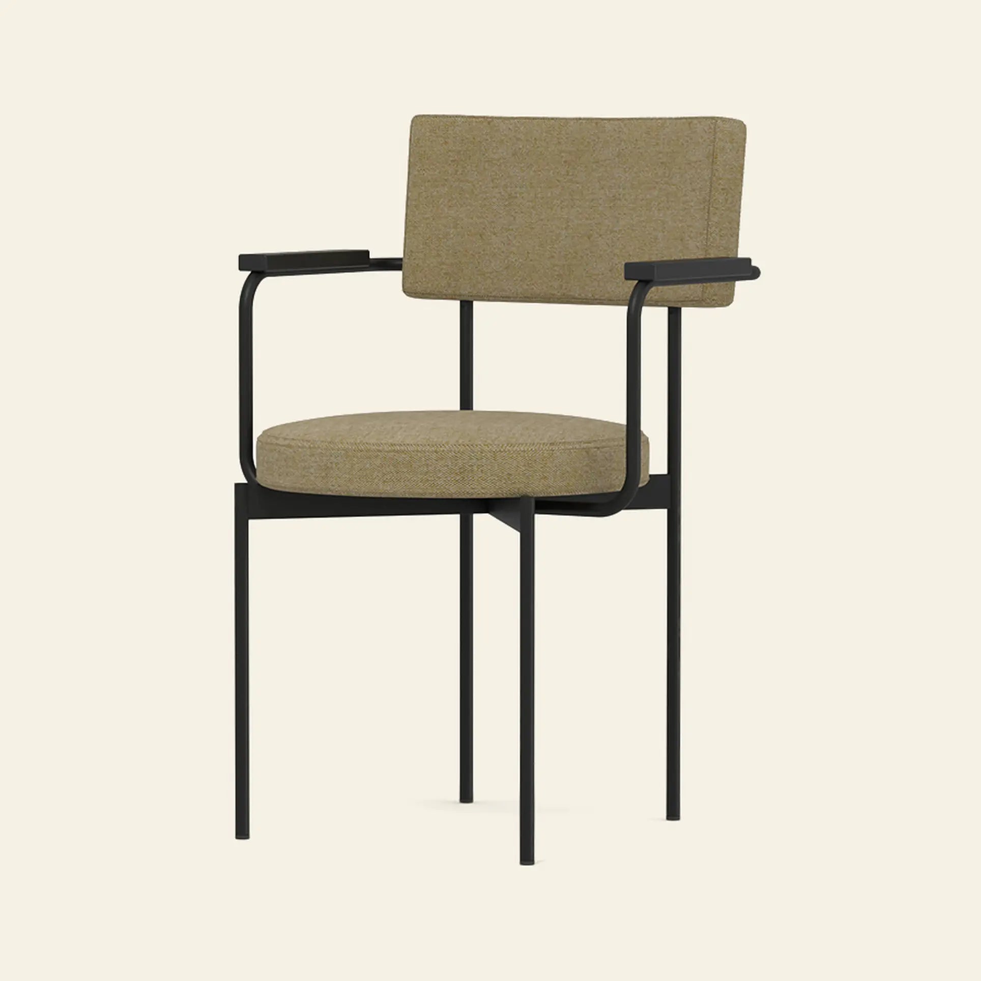 The HKliving Dining Armchair, Main Line Flax, Black by HKliving features Dutch-inspired design with a beige upholstered seat and backrest, plus slim black metal legs and armrests, set against a plain light background.