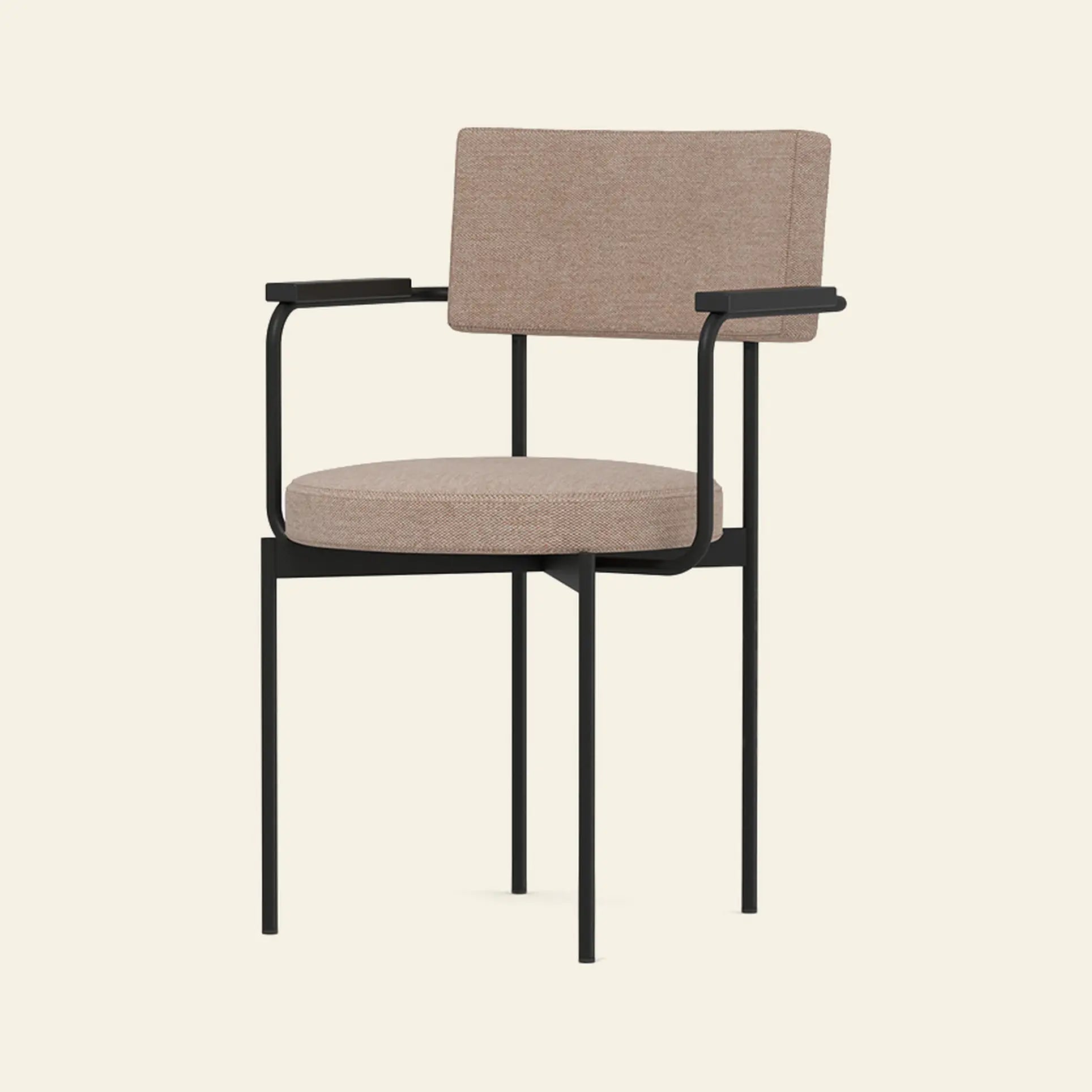 The HKliving Dining Armchair, Main Line Flax, Black by HKliving features a beige upholstered seat and backrest with a black metal frame and straight armrests, showcased against a light beige background.