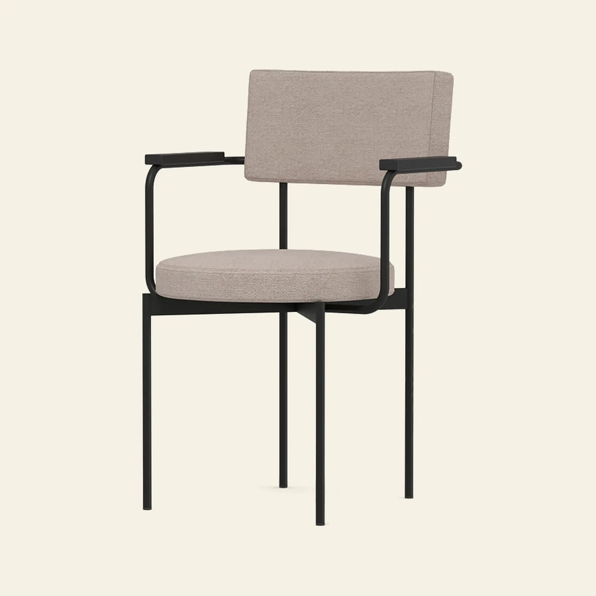 The HKliving Dining Armchair, Main Line Flax, Black from HKliving features Dutch-inspired design with a light beige upholstered seat and backrest, black metal frame, and straight armrests, shown against a plain light background.
