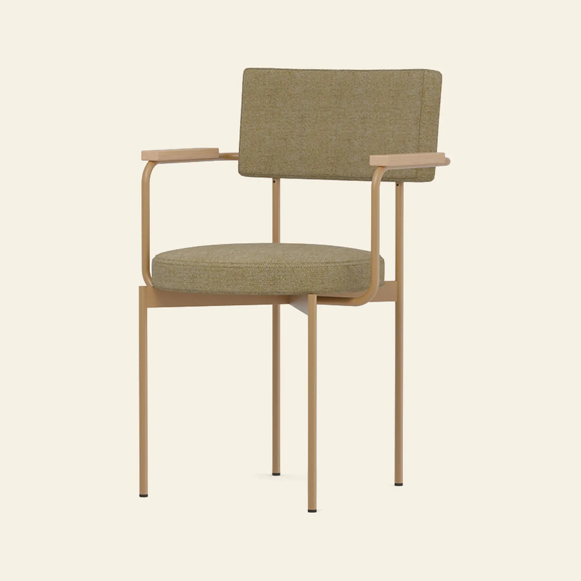 The HKliving Dining Armchair, Main Line Flax in Dusty features a light brown upholstered seat and backrest, thin metal frame, and straight armrests—ideal customizable furniture for sophisticated interiors with minimalist Dutch design.