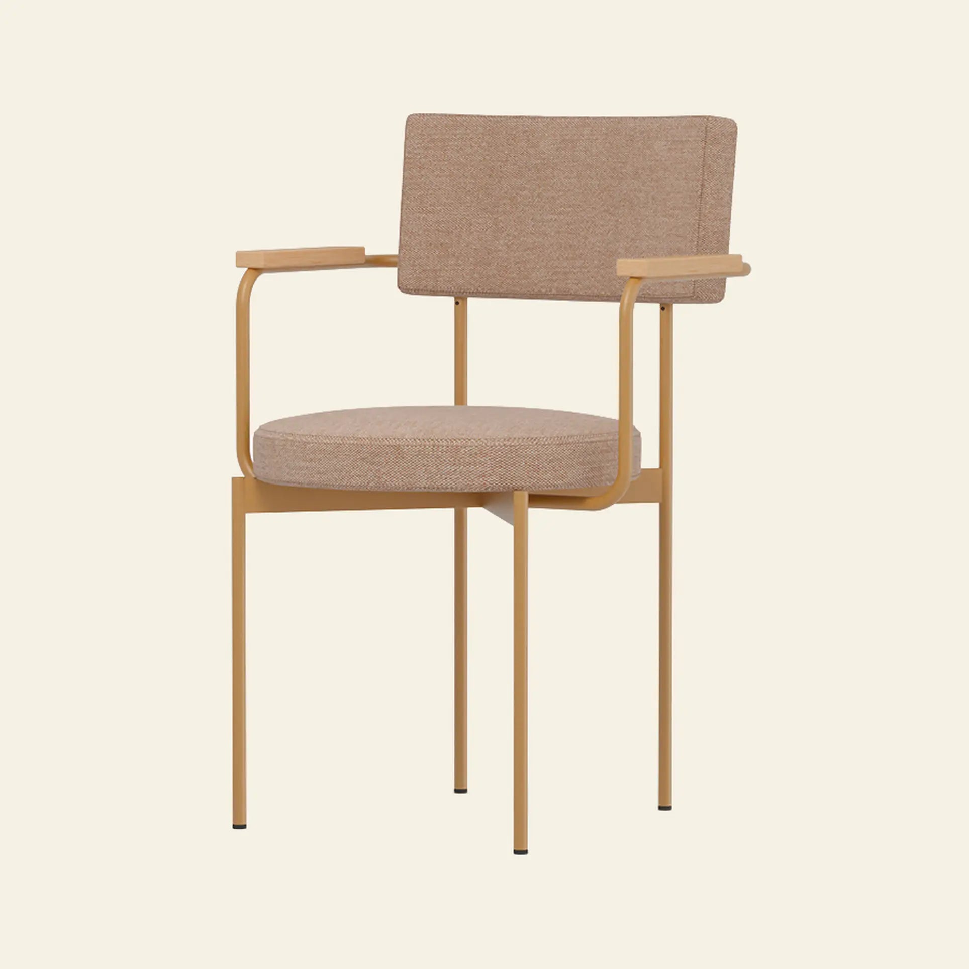 The HKliving Dining Armchair, Main Line Flax in Dusty by HKliving showcases Dutch-inspired modern design with a beige cushioned seat and backrest, slim metal frame, straight armrests, and four thin legs against a plain light background.