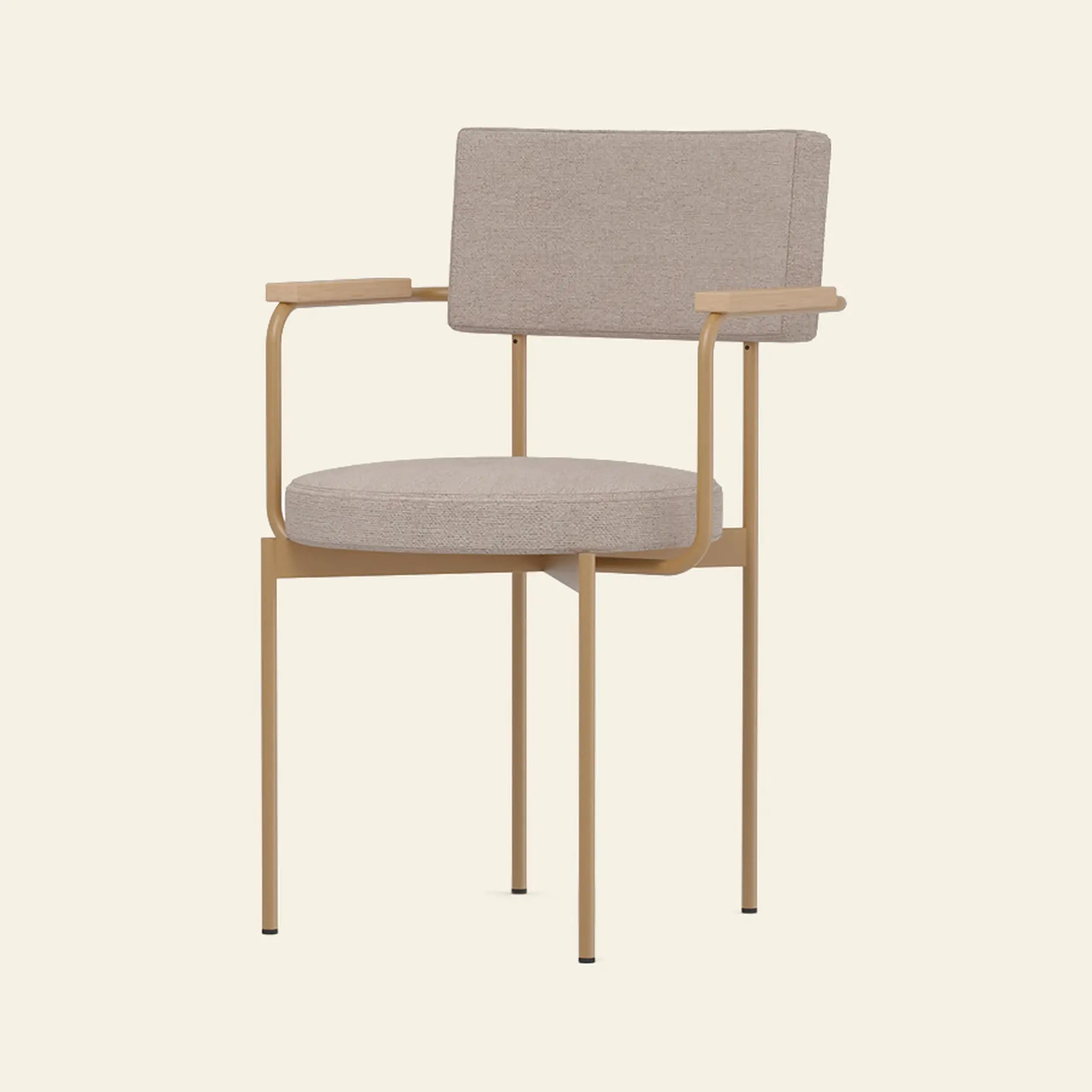 The HKliving Dining Armchair, Main Line Flax in Dusty by HKliving features a beige cushioned seat and backrest, gold metal frame with straight arms, and four slender legs, showcasing Dutch design against an off-white backdrop.
