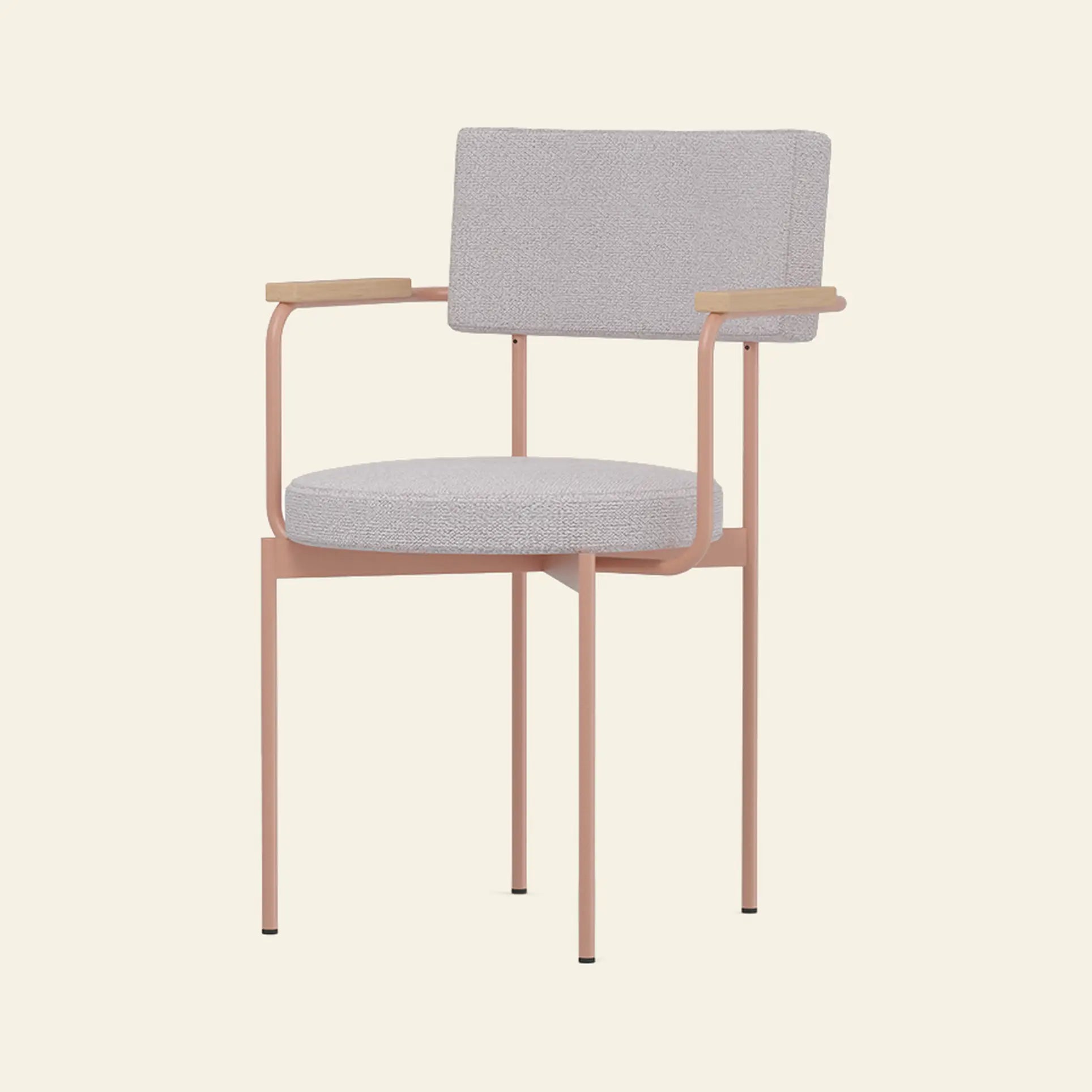 The HKliving Dining Armchair, Yoredale, Nude by HKliving features a padded light gray seat and backrest, slim peach metal legs, and light wooden armrests—ideal as customizable dining chairs for modern spaces. Shown on a plain beige background.