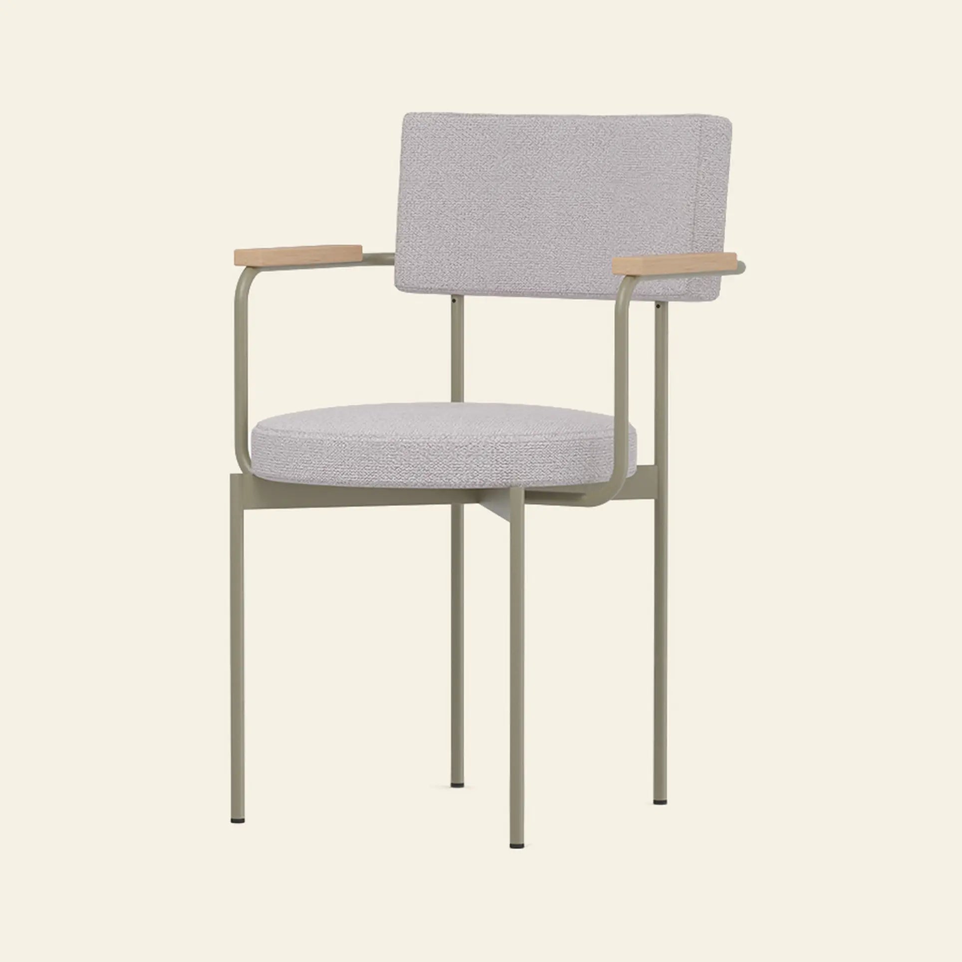 The HKliving Dining Armchair, Yoredale, Olive by HKliving features Dutch-inspired design with an olive upholstered seat and backrest, slim metal legs in muted tones, and light wood armrests. Customizable options available. Set against an off-white background.