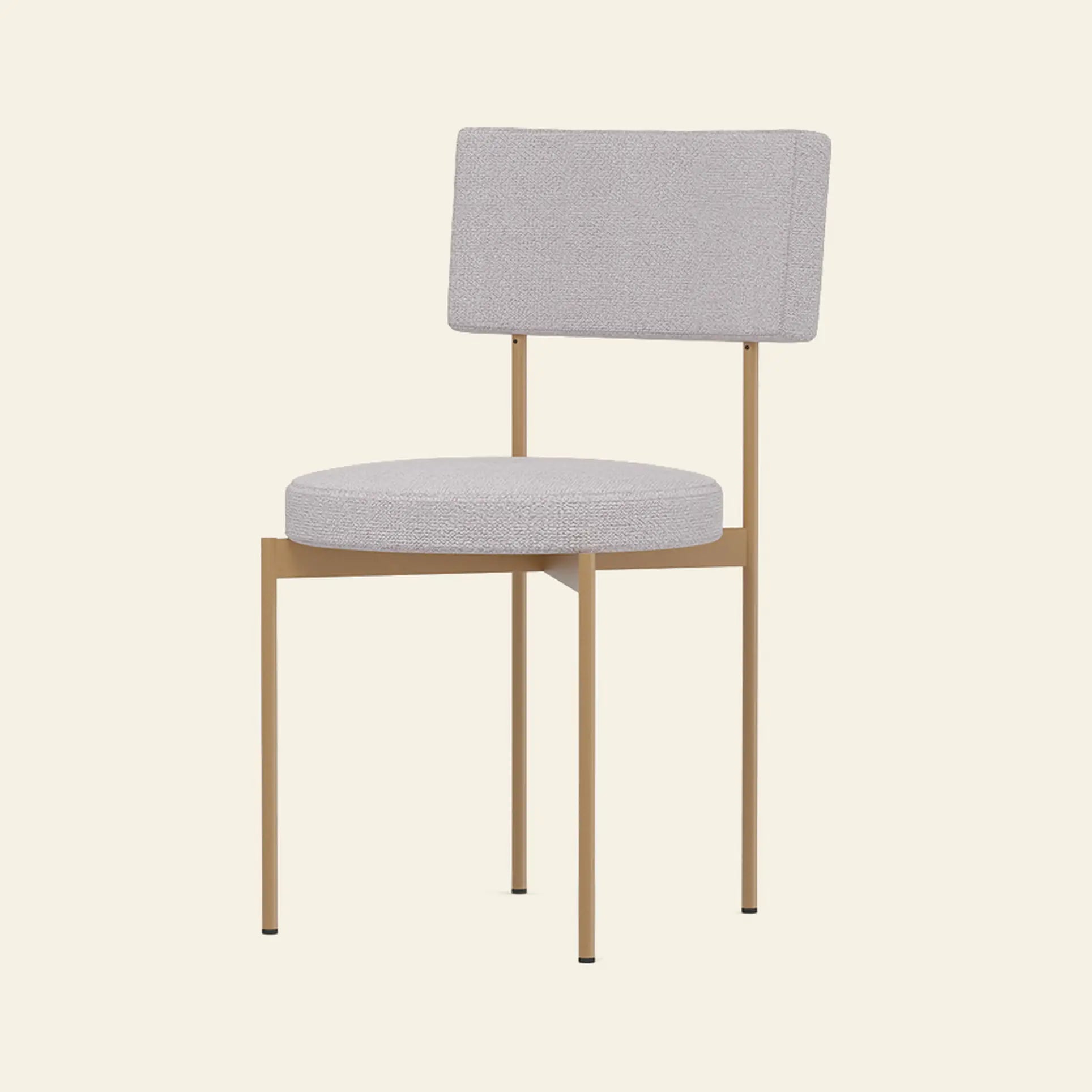 The HKliving Dining Chair, Yoredale in Dusty, features a round light gray cushioned seat and backrest with slim gold metal legs—an adaptable Dutch design by HKliving shown against an off-white background.